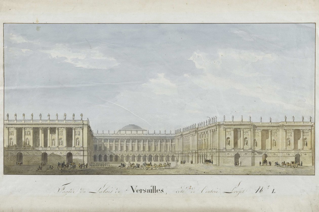 Versaillesin palatsin julkisivuprojekti sisäänkäynnin puolella, 1811-1813. tekijältä Alexandre Dufour