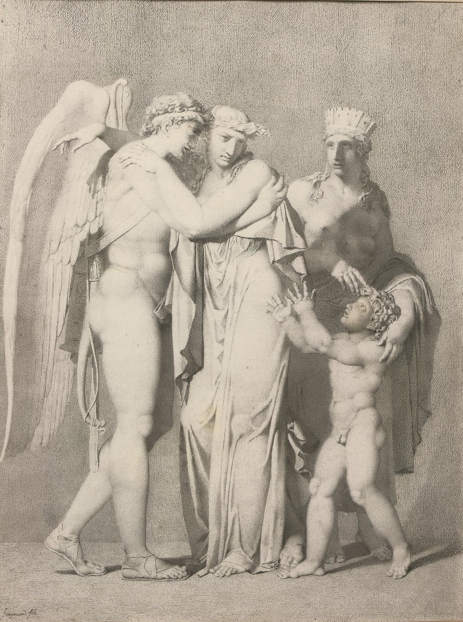 Cupid ja Psyche (kynä ja harmaa muste paperille) tekijältä Alexandre Evariste Fragonard
