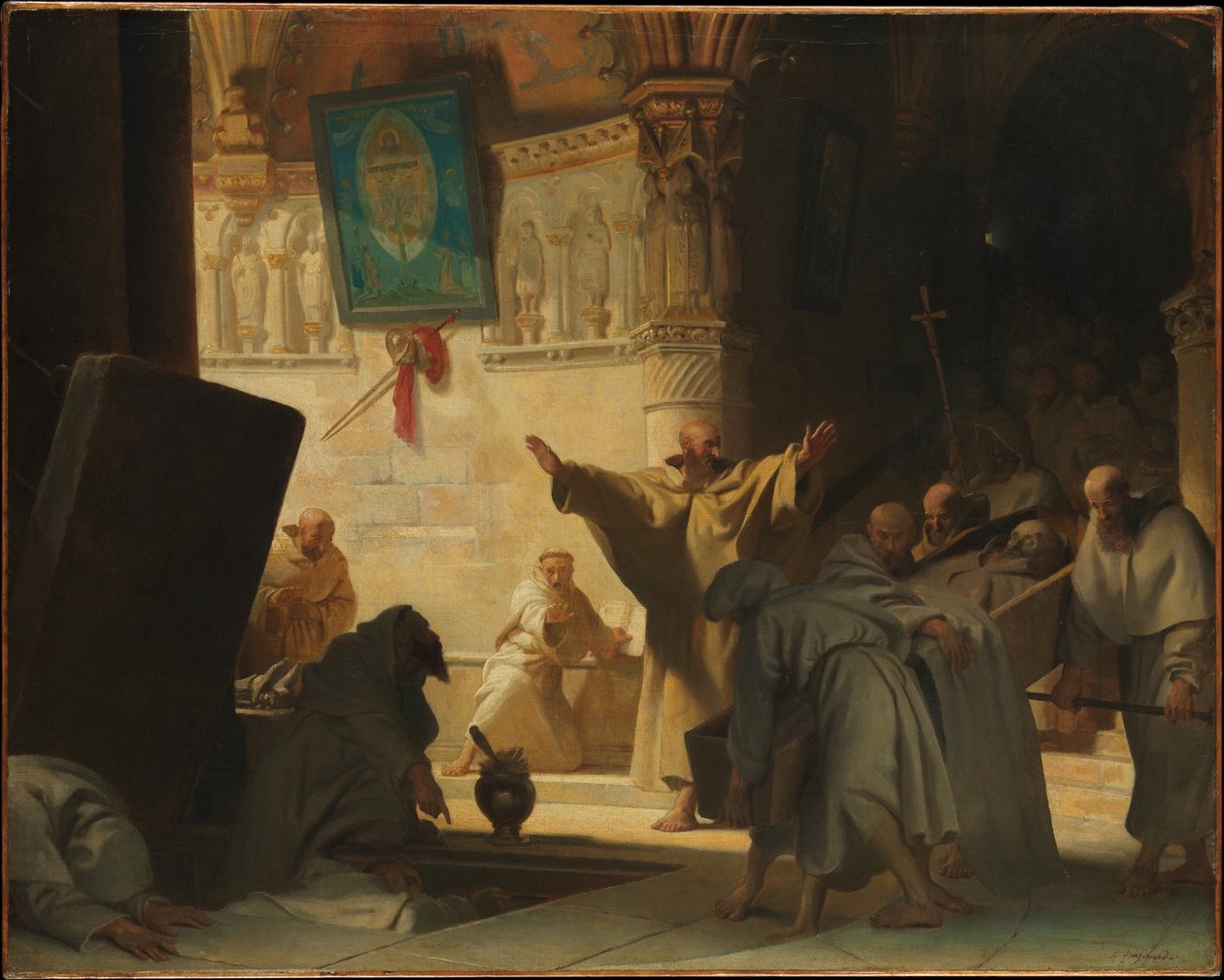 Dramaattinen kohtaus, jossa on munkkeja kryptassa tekijältä Alexandre Evariste Fragonard