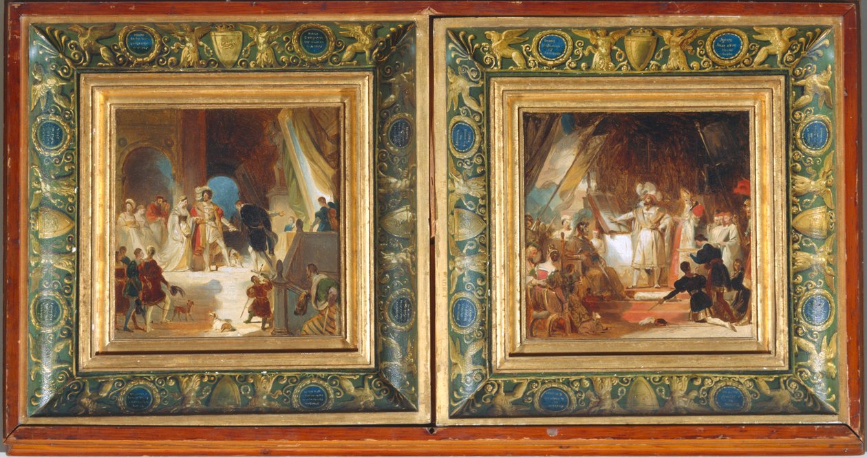 Fransiskus I ja hänen hovinsa saavat Primaticcion teoksia Italiasta - Bayard lyö Fransiskuksen I ritariksi ... tekijältä Alexandre Evariste Fragonard