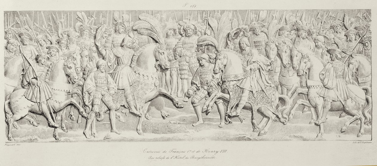 Francois I:n ja Henry VIII:n tapaaminen kultakankaalla, kaiverretun kivireliefiin jälkeen Hotel de Bourgtherouldessa, Rouenissa, Normandiassa, 1501-37, kaiverruksen Godefroy Engelmann (1788-183) tekijältä Alexandre Evariste Fragonard