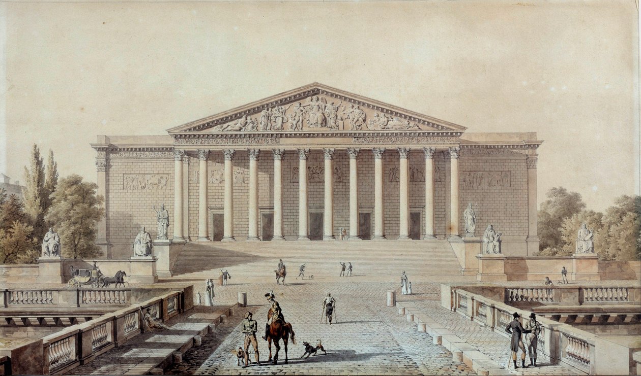 Kansalliskokouksen projekti tai Palais Bourbon, Palais du Corps Legislatif Piirustus Evariste Fragonard (1780-1850) 1800-luvun Pariisi, Palais Bourbon tekijältä Alexandre Evariste Fragonard