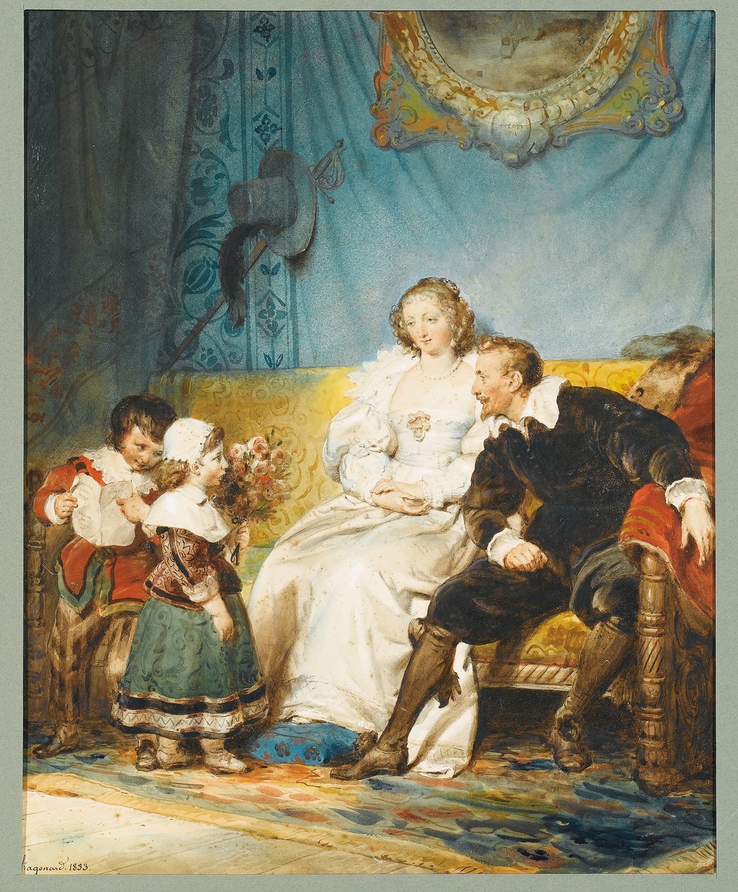 Rubens et Hélène Fourment assis avec Frans rentant une Letre et Isabelle Hélène leurs donnnant un bouquet de roses tekijältä Alexandre Evariste Fragonard
