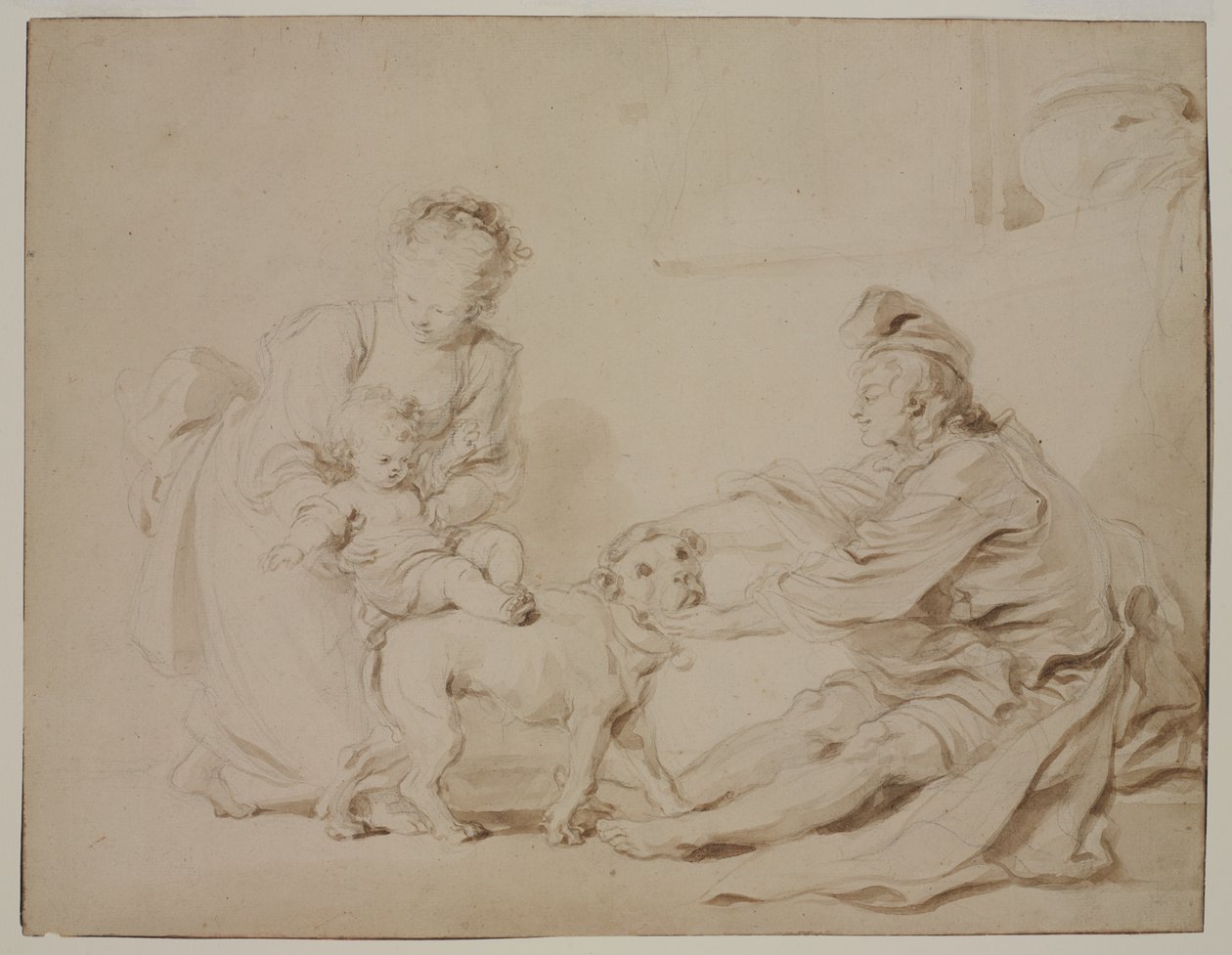 Ensimmäinen ratsastustunti (La première leçon déquitation), n. 1778 (grafiitti ja ruskea pesu antiikkipaperille) tekijältä Alexandre Evariste Fragonard