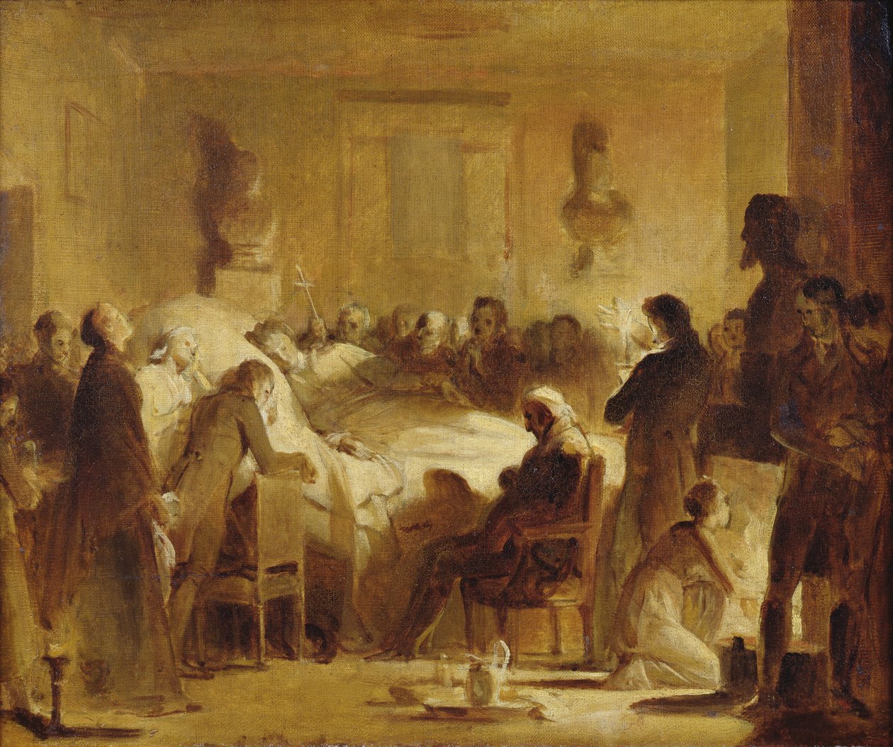 Ranskalaisen Charles-Ferdinandin (1778-1820) viimeiset hetket Pariisin oopperatalon hallintohuoneessa, 14. helmikuuta 1820, 1820-50 tekijältä Alexandre Evariste Fragonard