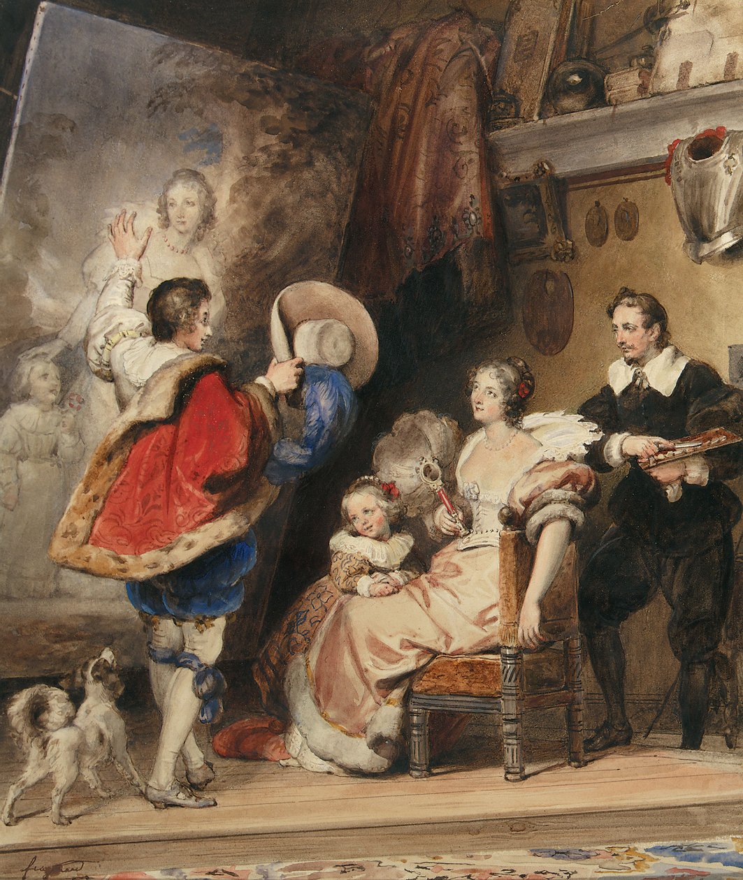 Nuori mies ihailemassa naisen ja hänen pienen tyttärensä muotokuvaa tekijältä Alexandre Evariste Fragonard