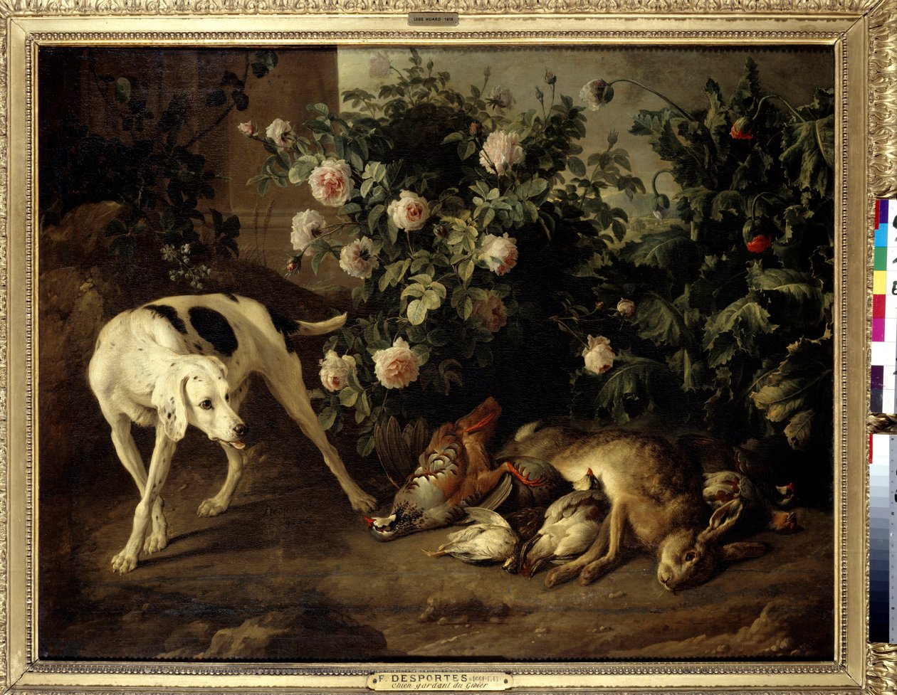 Koiranhoitoriista lähellä ruusupensaaa François Desportesin maalaus (1661-1743) 1724 Su. 1,07 x 1,38 m Pariisi, Musee du Louvre. tekijältä Alexandre Francois Desportes