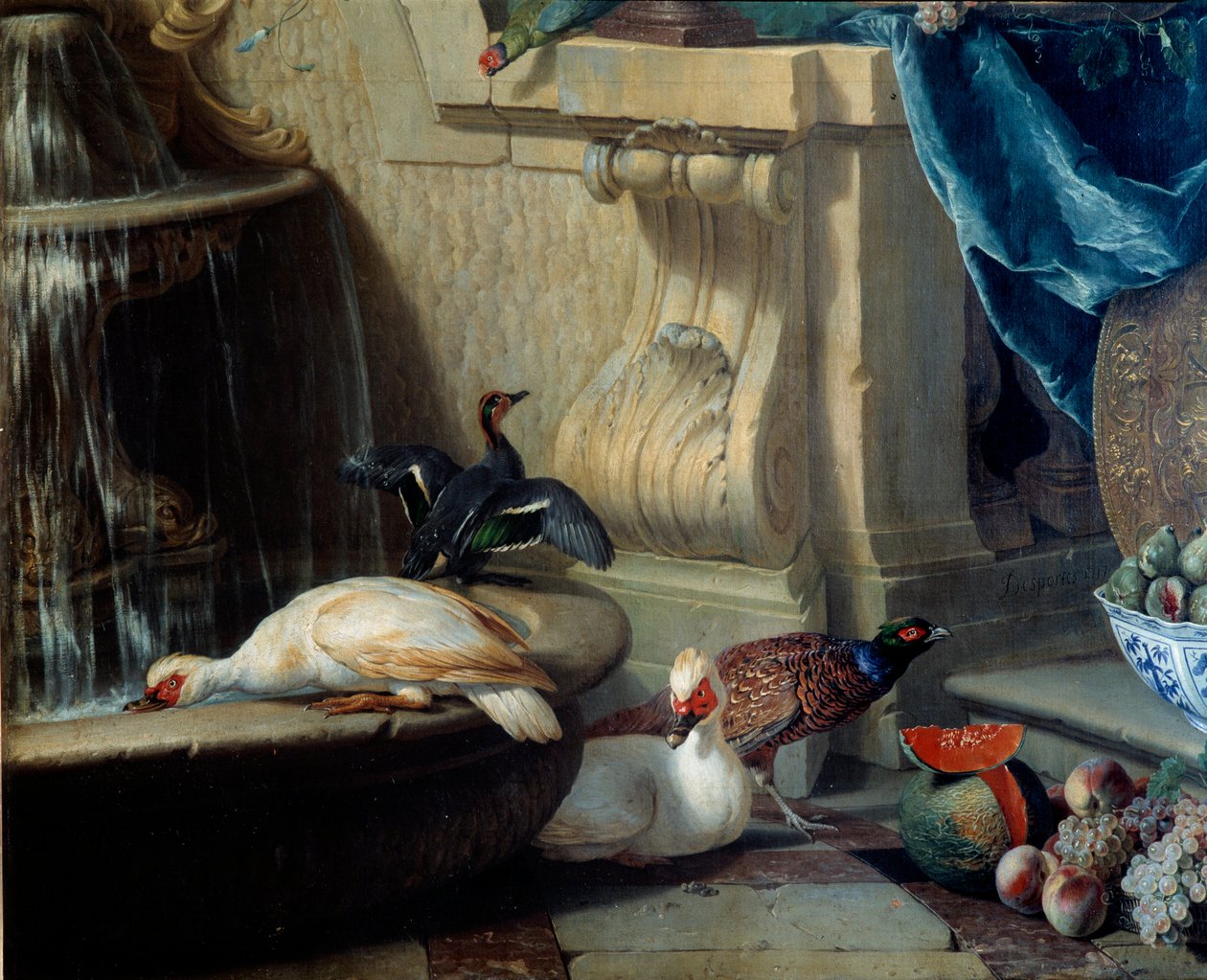 Ankat, fasaani, hedelmät lähellä suihkulähdettä Yksityiskohta. maalaus Francois Desportes (1661-1743) 17th century Lyon, Musee des Beaux Arts tekijältä Alexandre Francois Desportes