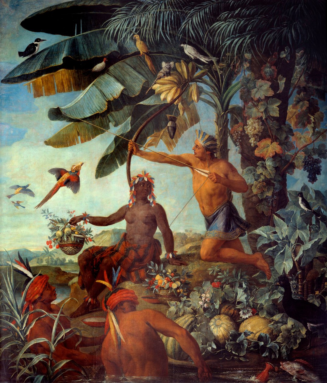 Francois Desportesin (1661-1743) intialaisten kalastajien ja metsästäjien maalaus 1700-luvun su. 1,73x3,43 m Marseille, musee des Beaux Arts - Intialainen metsästäjä ja kalastaja. Francois Desportesin (1661-1743) maalaus tekijältä Alexandre Francois Desportes