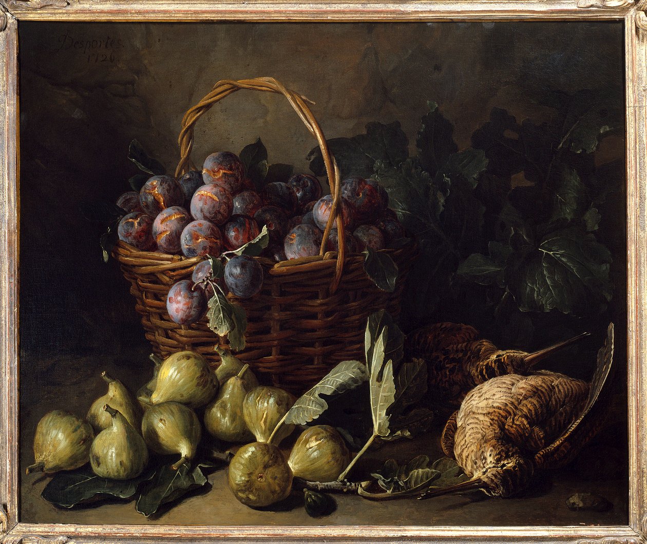Francois Desportesin (1661-1743) asetelma, viikunoita ja luumuja maalaus 1700-luvun Pariisi, koristetaide tekijältä Alexandre Francois Desportes