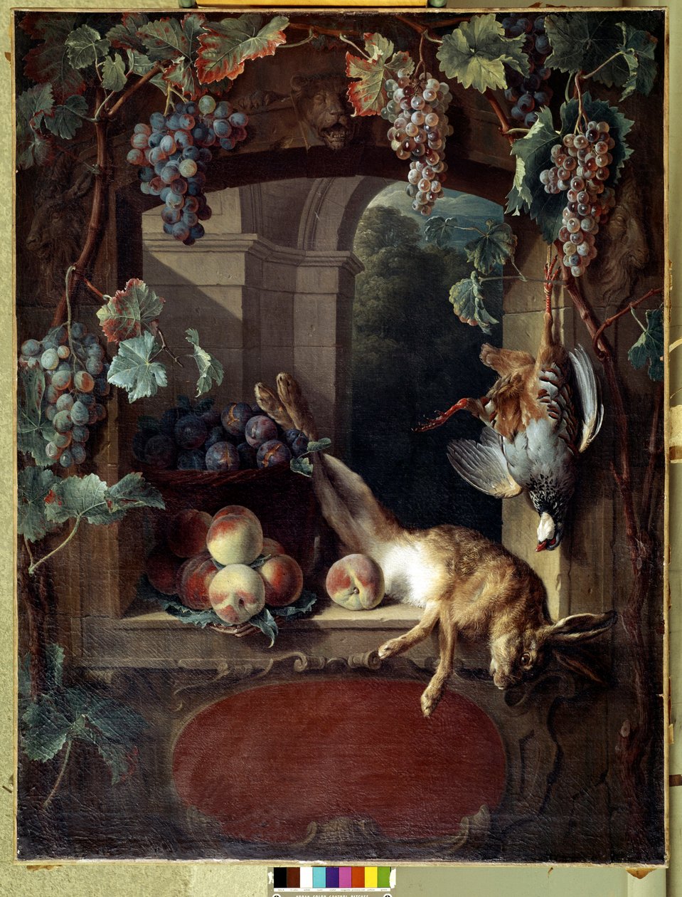 Asetelma säleikkössä Viinirypäleet, peches ja riista (jänis, kuollut lintu) François Desportesin (1661-1743) maalaus 1700-luvun aurinko. 1,17x0,88 m Lyon, Musee des Beaux Arts tekijältä Alexandre Francois Desportes