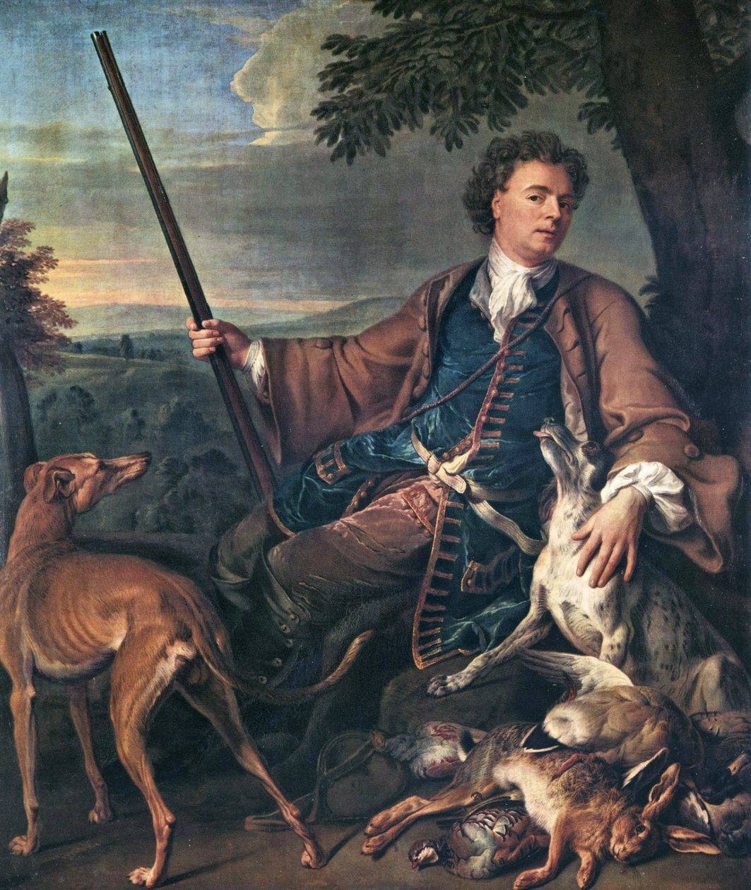 French: Portrait de M. Desportes peint par lui-même avec du gibier mort à ses pieds (Taiteilijan muotokuva metsästäjänä) Omakuva metsästyspuvussa. tekijältä Alexandre Francois Desportes