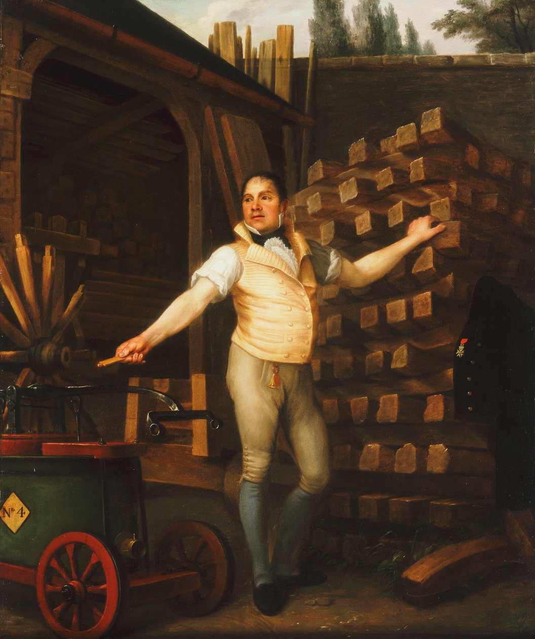 Pyöränvalmistaja palokoneella pihalla, 1812 tekijältä Alexandre François Louis de Girardin