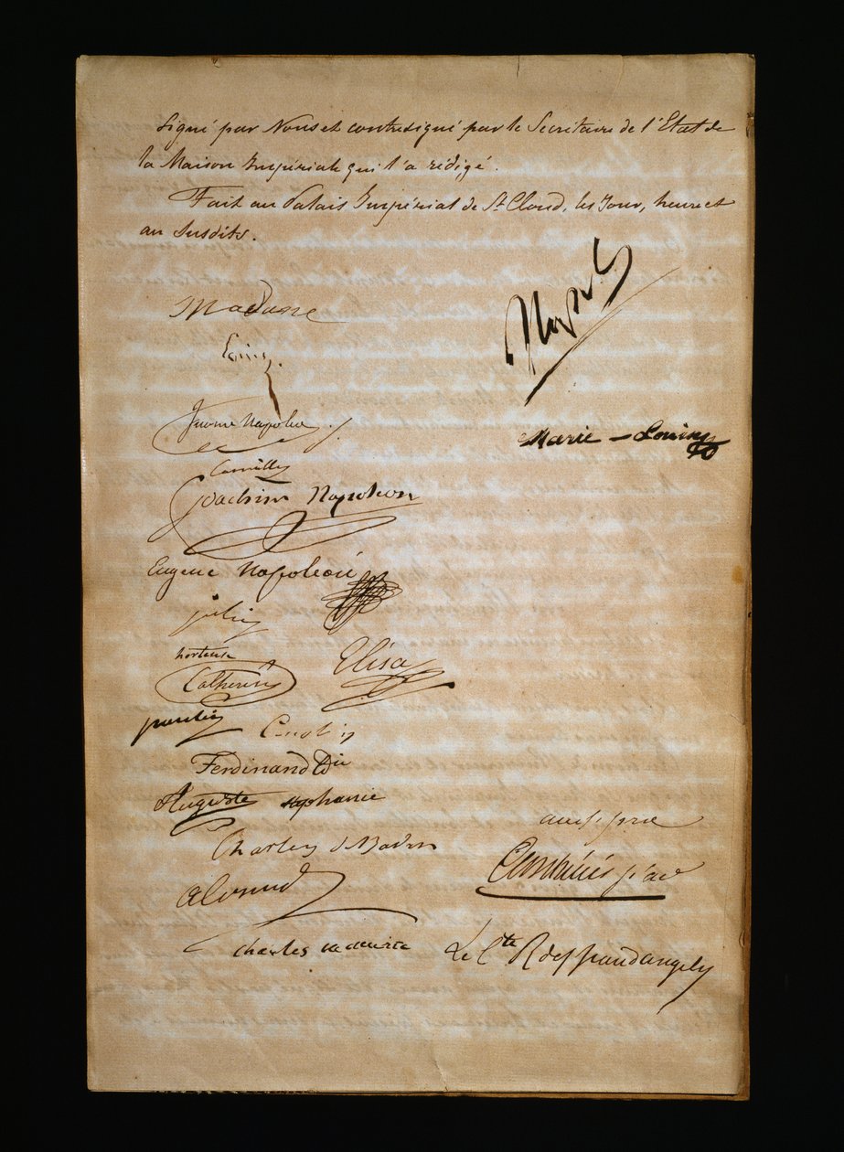 Itävallan Marie Louisen tai Parman Maria Luigian (1791-1847) ja Napoleon Bonaparten (1769-1821) vihkitodistuksen viimeinen sivu tekijältä Nicolas Toussaint Charlet