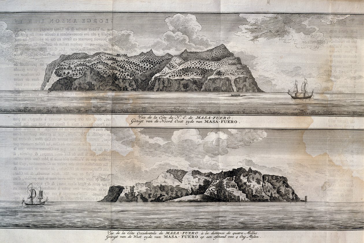 Näkymä Alejandro Selkirkin saarelle tai Mas Afueran saarelle, Juan Fernandezin saaristo, Chile, kaiverrus tekijältä Nicolas Toussaint Charlet