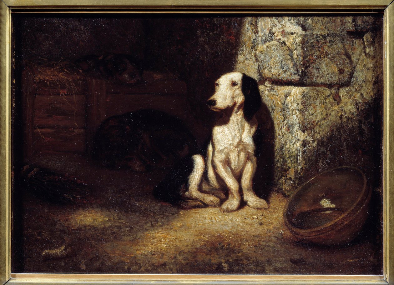 Mustavalkoinen bassokoira kennelissä. Sivulla kulho täynnä vettä. Alexandre Gabriel Decampsin (1803-1860) maalaus 1849 su. 0,25x0,35 m tekijältä Alexandre Gabriel Decamps