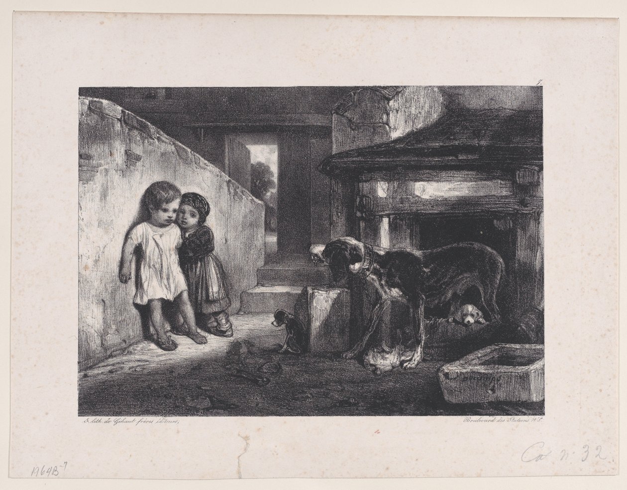 Torjuvan koiran peloissaan lapset, sarjasta Metsästyskohtaukset, 1829. tekijältä Alexandre Gabriel Decamps