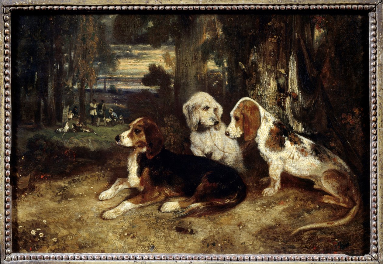 Metsästyskoirat levossa Alexandre Gabriel Decampsin (1803-1860) maalaus 1839 Su. 0,26x0,37 m Pariisi, Musee du Louvre. tekijältä Alexandre Gabriel Decamps