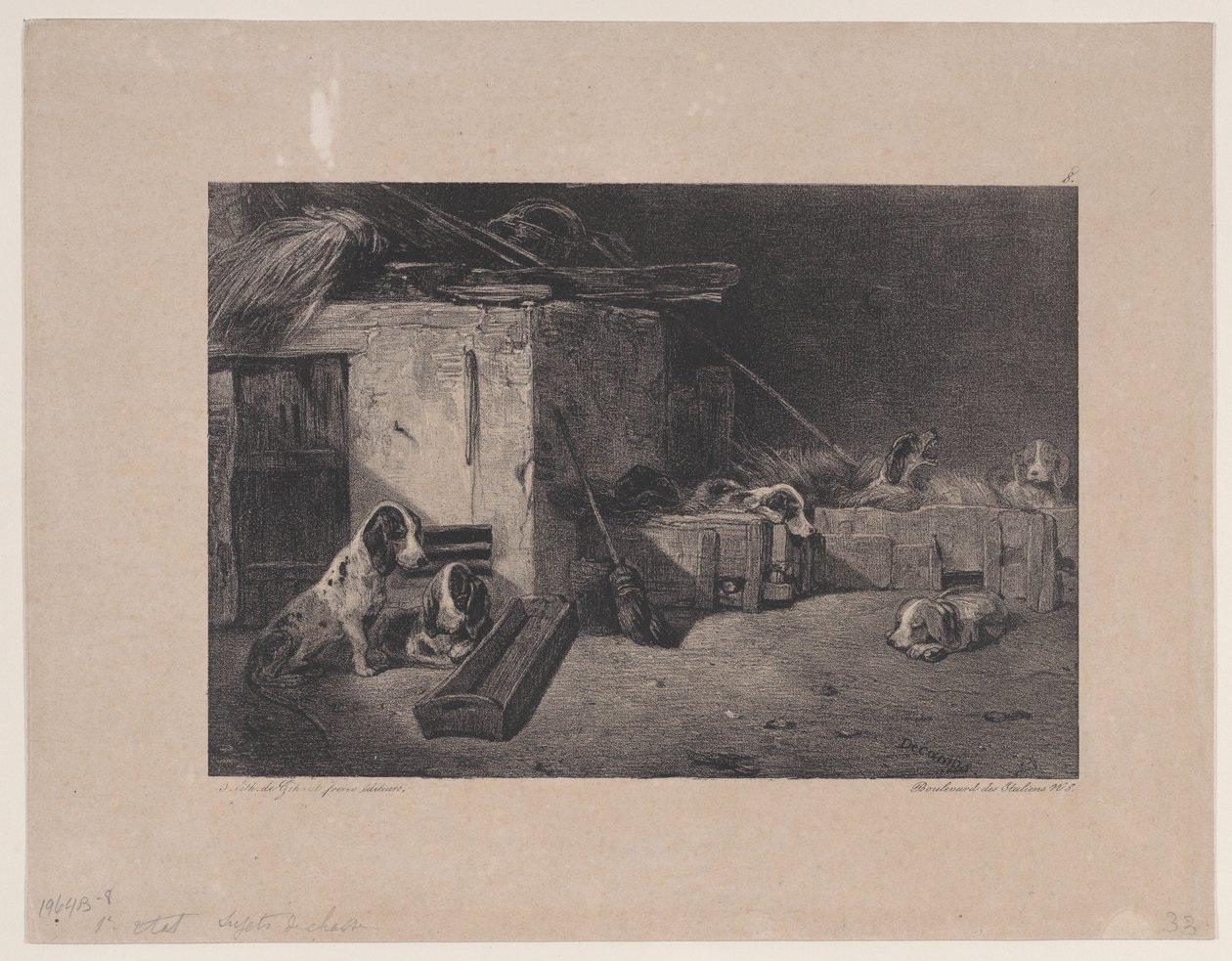 Kennelin sisustus sarjasta Hunting Scenes, 1829. tekijältä Alexandre Gabriel Decamps