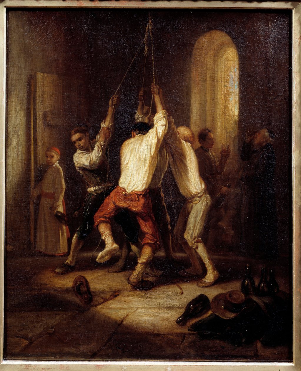 Soittoäänet. Miehet vetävät köyttä soittaakseen kelloja. Alexandre Gabriel Decamsin (1803-1860) maalaus tekijältä Alexandre Gabriel Decamps