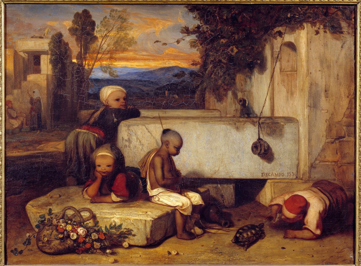 Turkkilaiset lapset leikkimässä kilpikonnan kanssa Alexandre Gabriel Decampsin (1803-1860) maalaus 1836 su. 0,72x0,91 m Chantilly, Musee Conde tekijältä Alexandre Gabriel Decamps