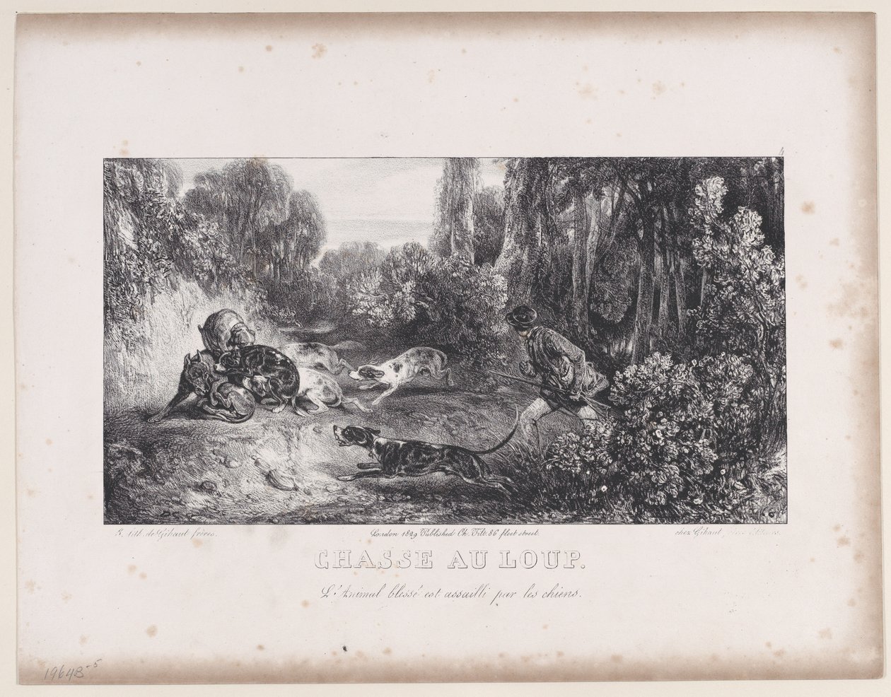 Wolf Hunt: Wounded Animal Attacked by Dogs, sarjasta Hunting Scenes, 1829. tekijältä Alexandre Gabriel Decamps