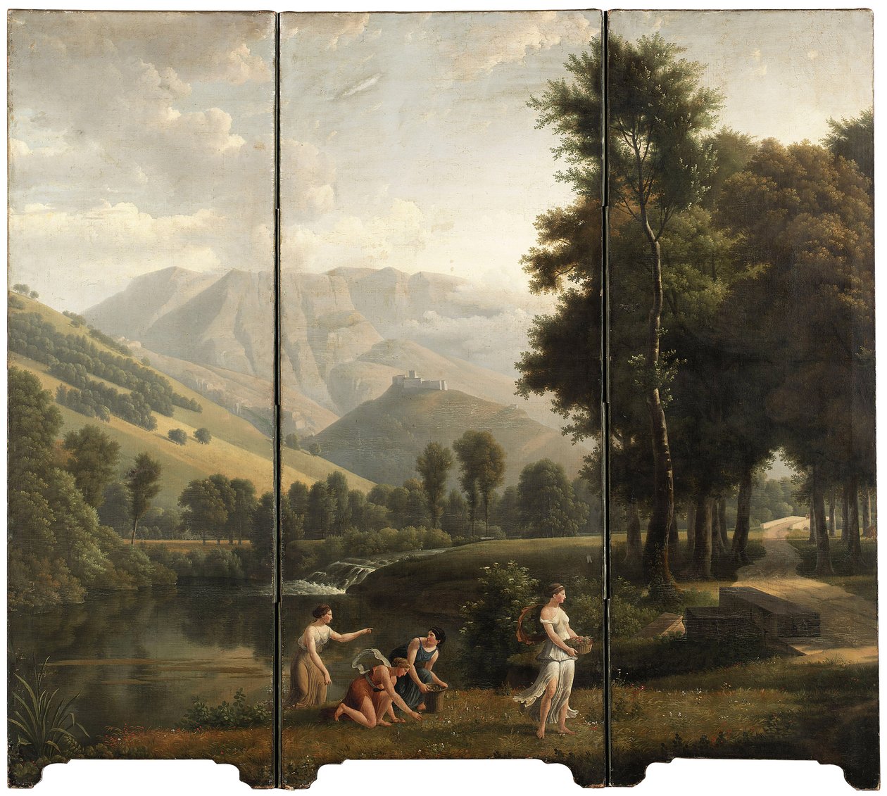 Arkadian maisema, jossa neitsyt keräävät kukkia joen rannalla, kukkulan laella sijaitseva linna, 1801 tekijältä Alexandre Hyacinthe Dunouy