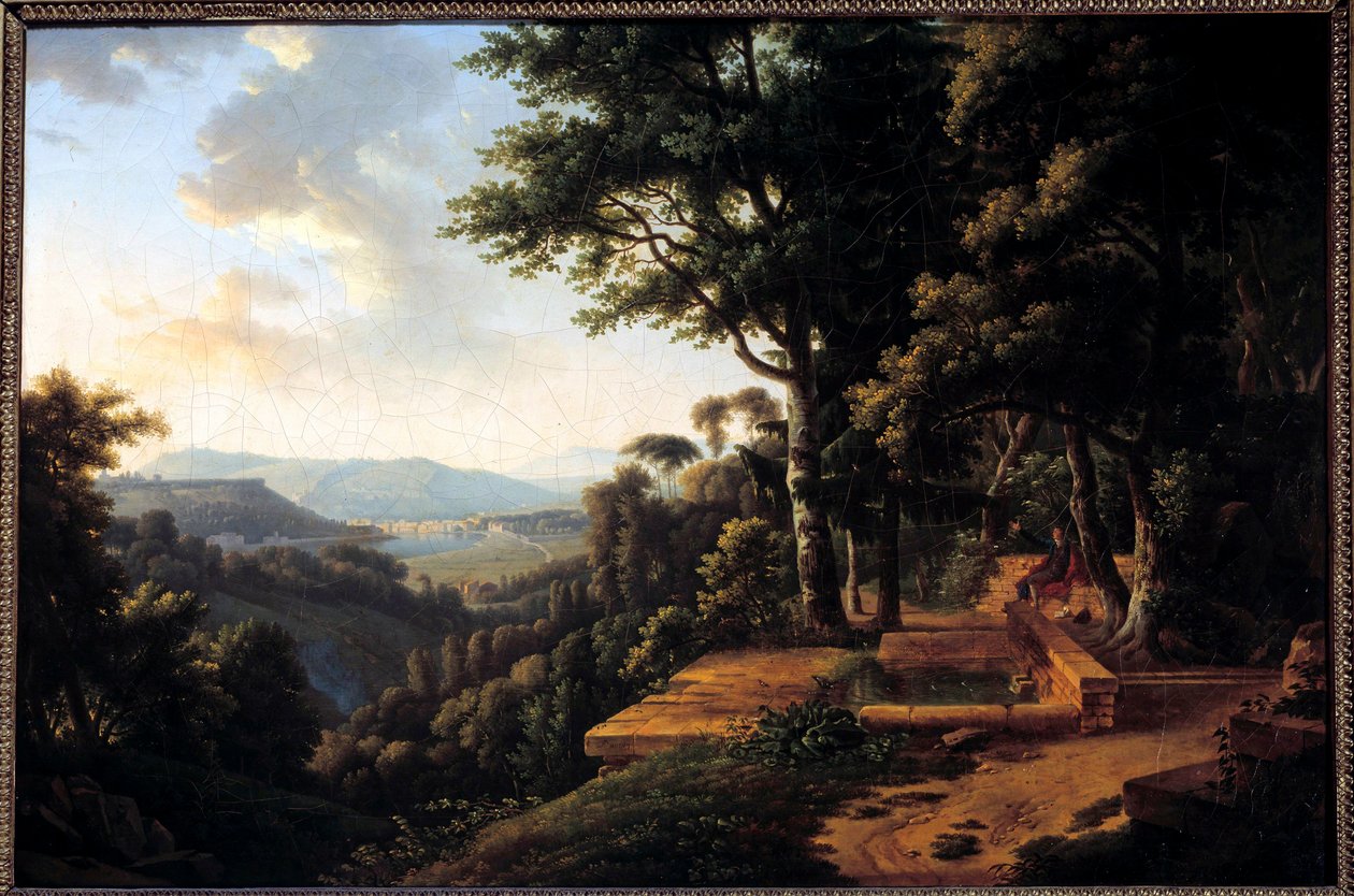 Filosofi Jean Jacques Rousseau (1712-1778) meditoi vuonna 1770 Parc de la Rochecordonissa lähellä Lyonia Alexandre Hyacinthe Dunouyn (1757-1841) maalaus 1700-luvun Pariisi, Musee Marmottan tekijältä Alexandre Hyacinthe Dunouy