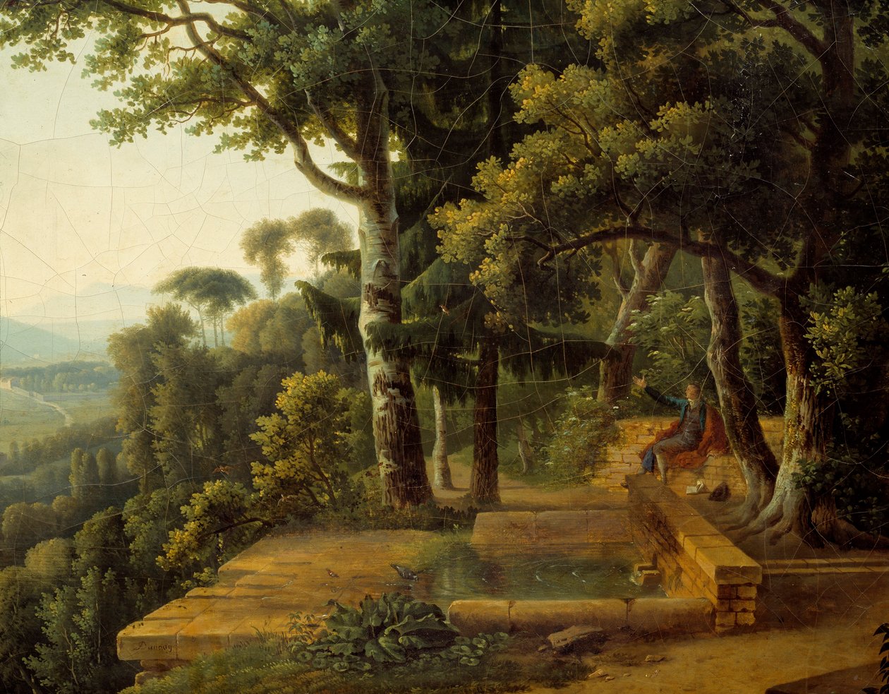 Filosofi Jean Jacques Rousseau (1712-1778) meditoi vuonna 1770 Parc de la Rochecordonissa lähellä Lyon Detailia. Alexandre Hyacinthe Dunouyn (1757-1841) maalaus tekijältä Alexandre Hyacinthe Dunouy