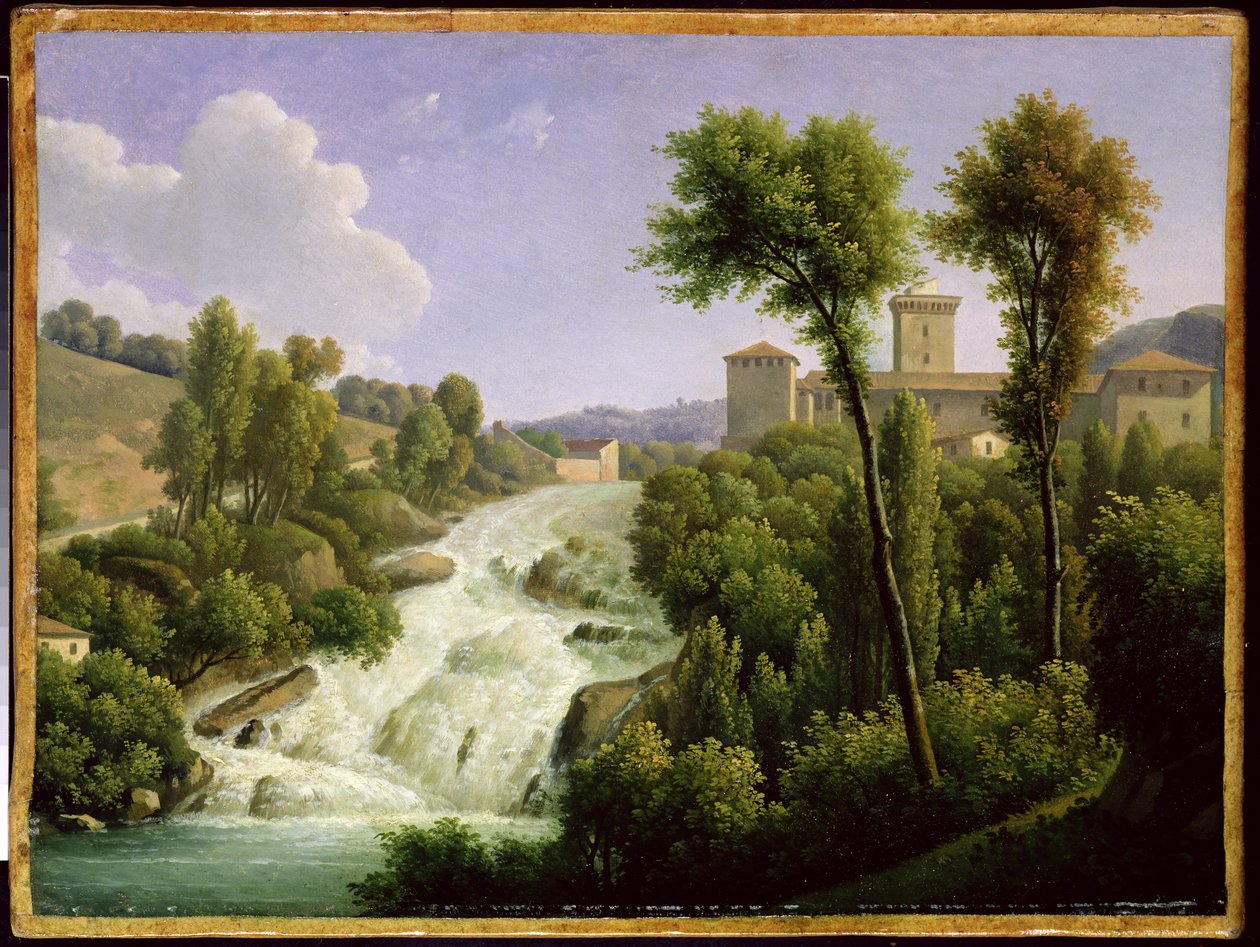Näkymä Ile de Soralta linnan vesiputousten yläpuolella, n. 1822 tekijältä Alexandre Hyacinthe Dunouy