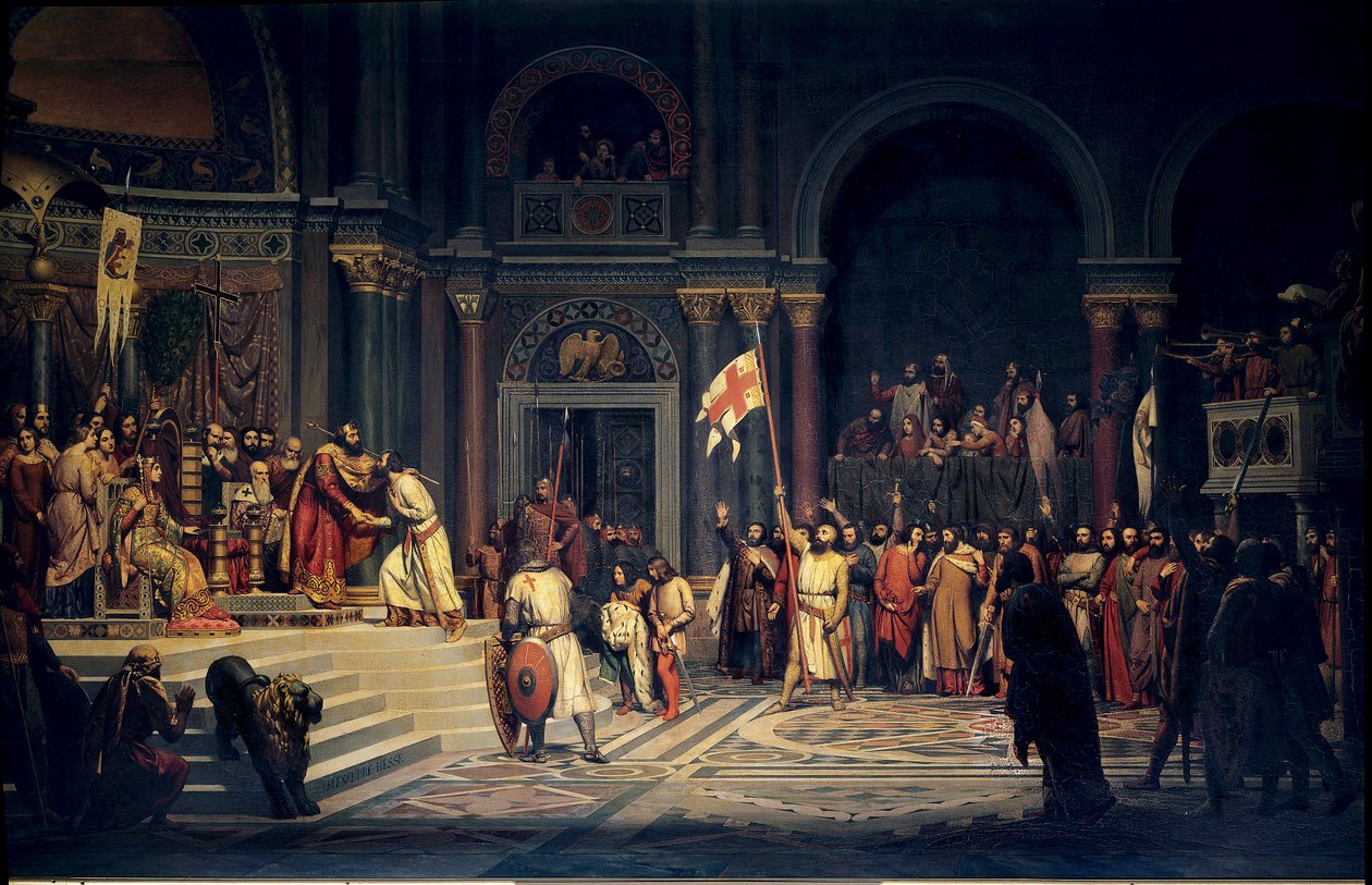 Ensimmäinen ristiretki: "" Godefroy (Godefroi) Bouillonista (1061-1100), Ala-Lorrainen herttua, joka toimii uskollisena Bysantin keisarille Alexis Comnenelle, Konstantinopolissa tekijältä Alexandre Jean Baptiste Hesse