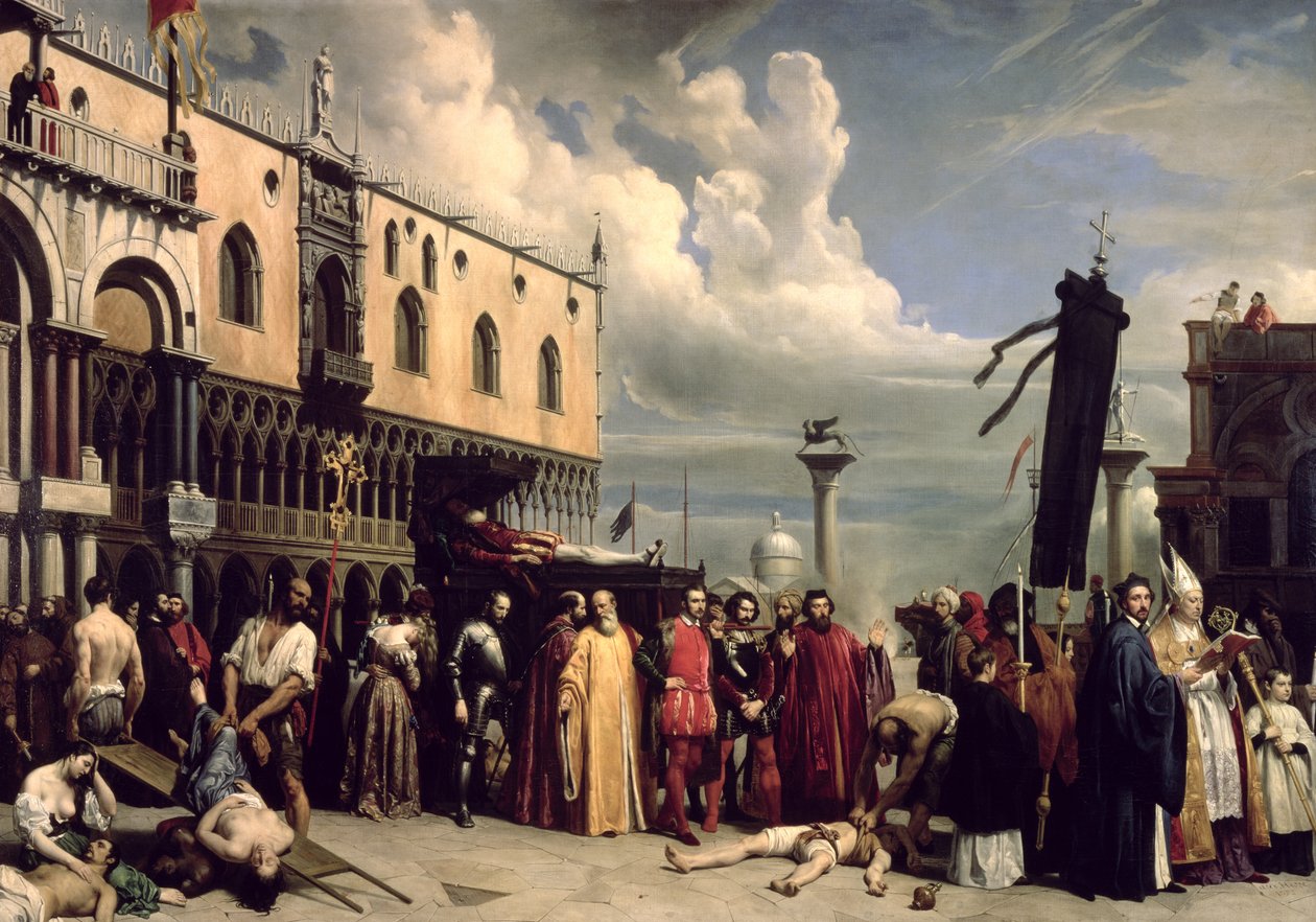 Hautajaiset kunniakunnat Titianille, joka kuoli Venetsiassa ruttoon 1576, 1832 tekijältä Alexandre Jean Baptiste Hesse