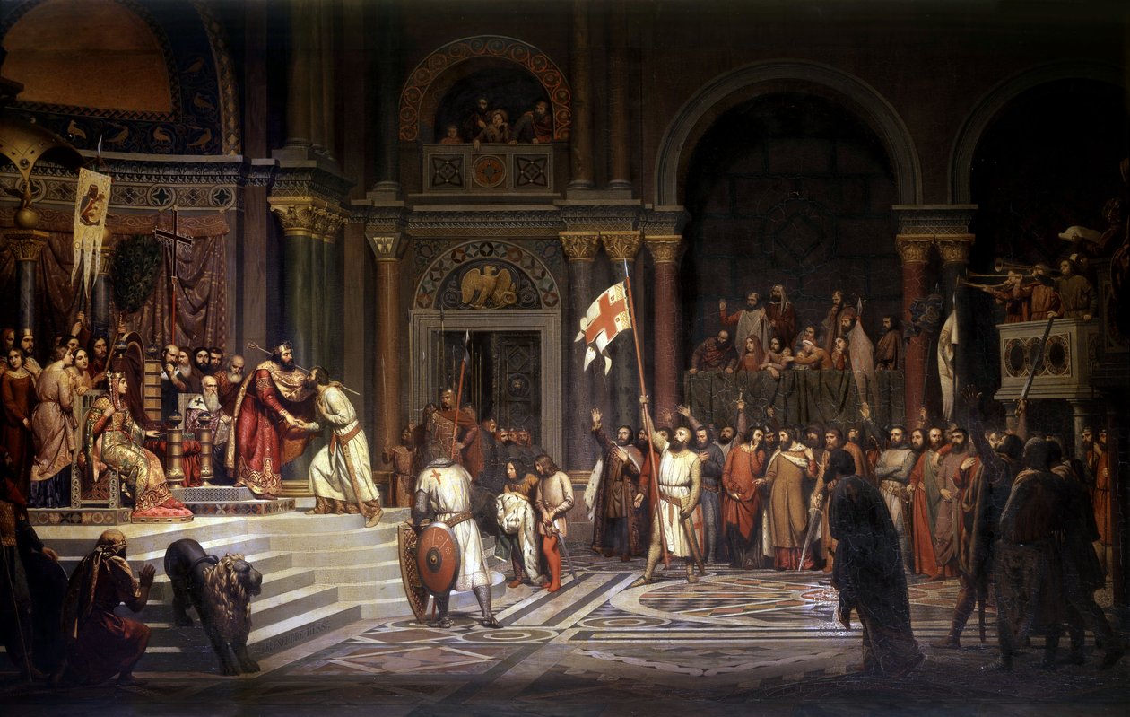 Konstantinopolin keisari Alexis Comnene vastaanotti Godfreyn Bouillonista vuonna 1097 puolustaessaan kaupunkia turkkilaisilta ensimmäisen ristiretken aikana 1096-1099, 1842 tekijältä Alexandre Jean Baptiste Hesse