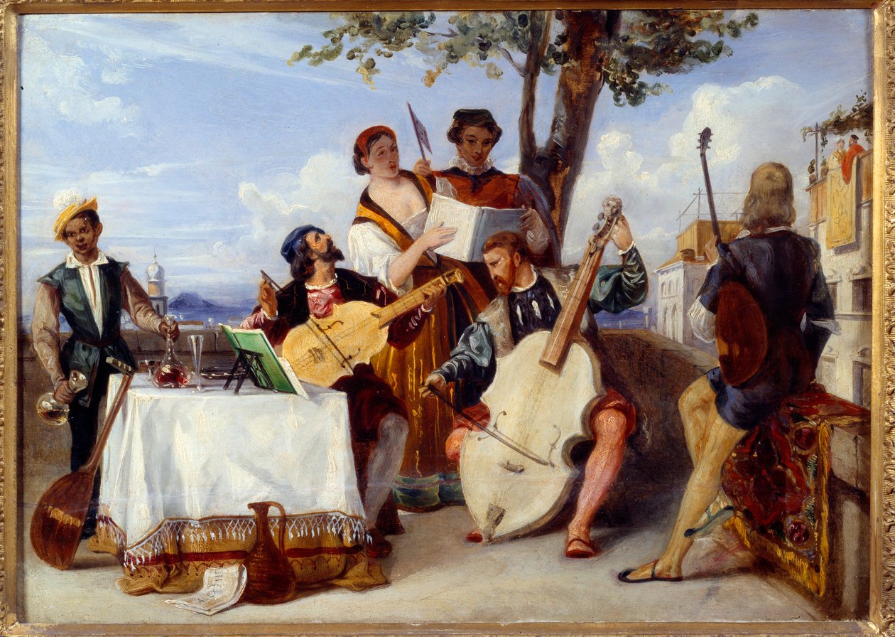 Venetsialaisia konserttimuusikoita (sello, luuttu, viulu) ja laulajia terassilla palvelee musta palvelija. Alexandre Hessen (1806-1879) maalaus 1800-luvun Nantes, Kuvataidemuseo tekijältä Alexandre Jean Baptiste Hesse