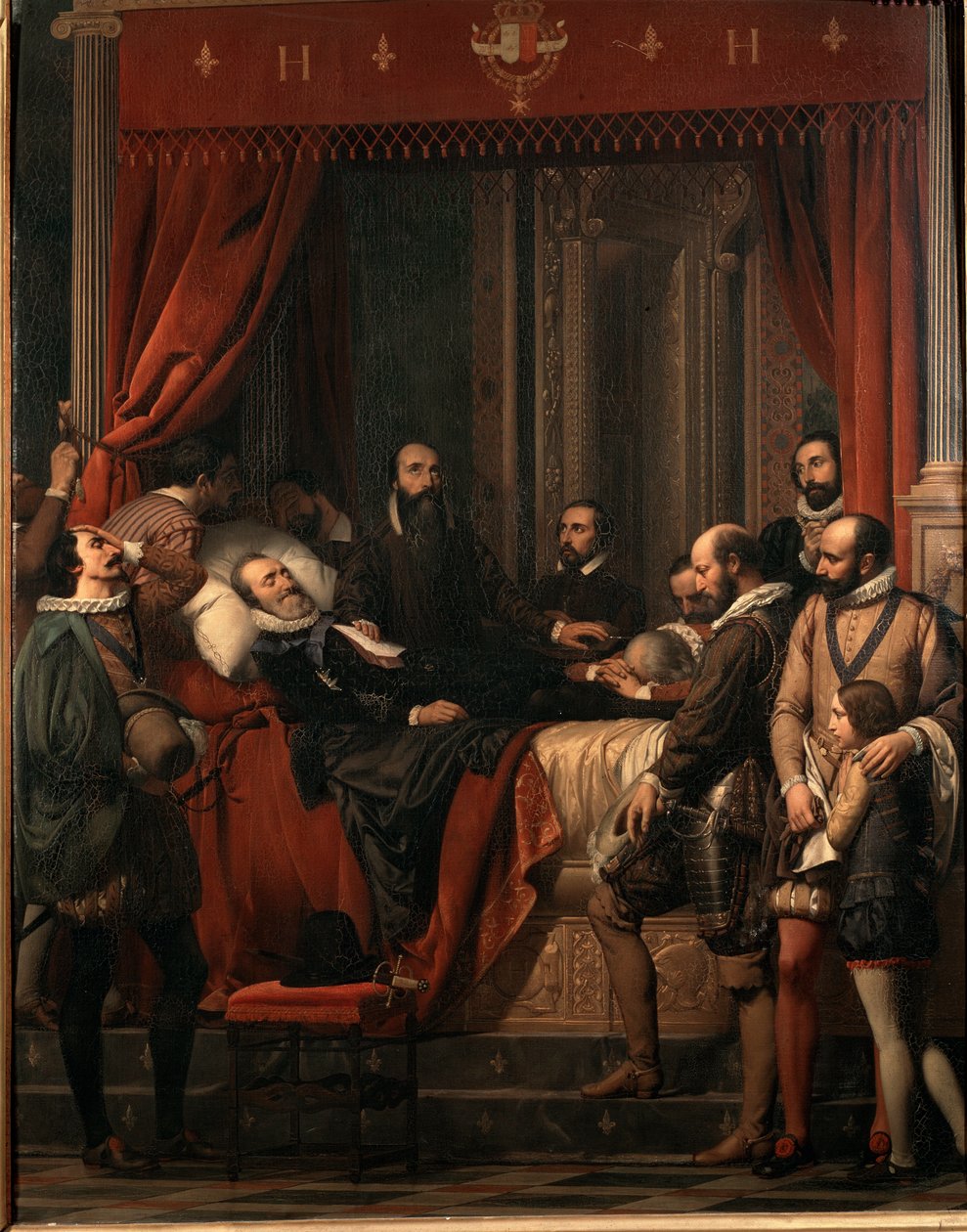 Ranskan kuninkaan Henrik IV:n kuolema, hänen ruumiinsa on esillä Alexandre Hessen (1806-1879) Louvren maalauksessa tekijältä Alexandre Jean Baptiste Hesse
