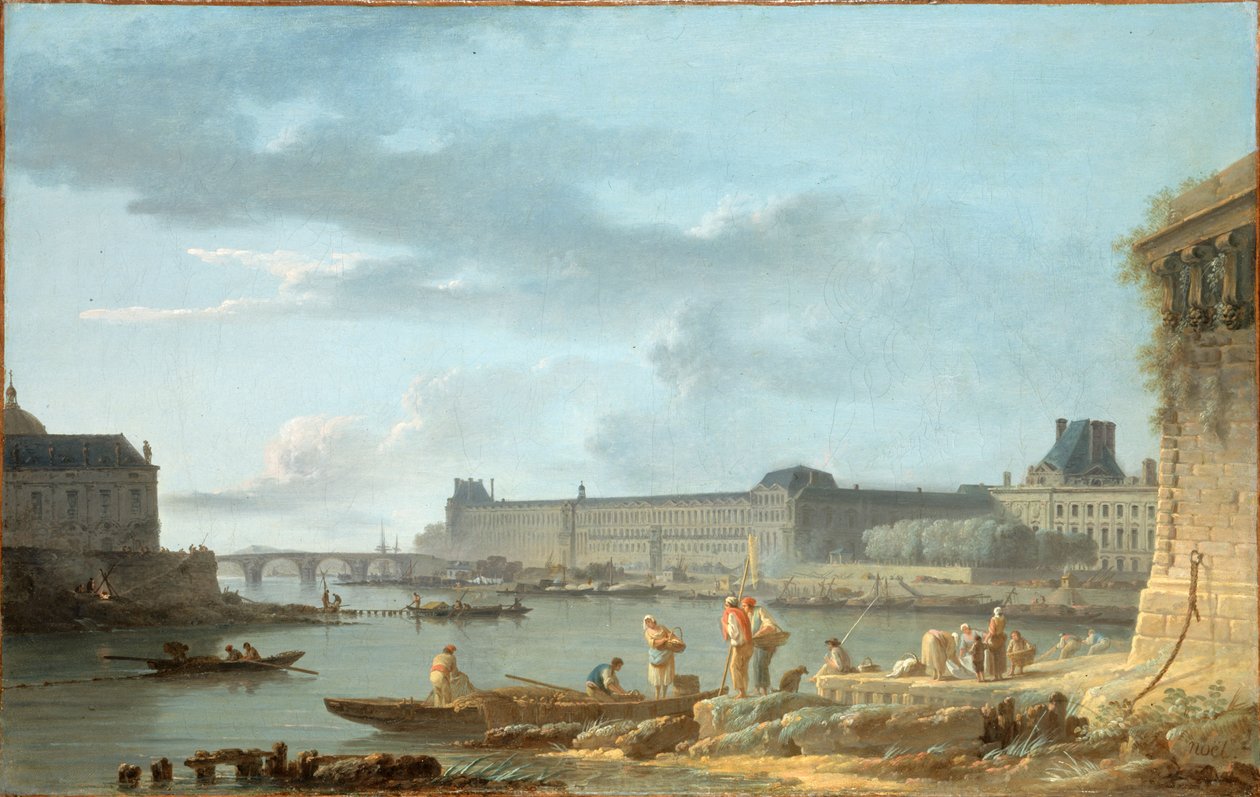 Louvre ja Pont Royal Pont-Neufista katsottuna, n. 1780 (öljy kankaalle) tekijältä Alexandre Jean Noel