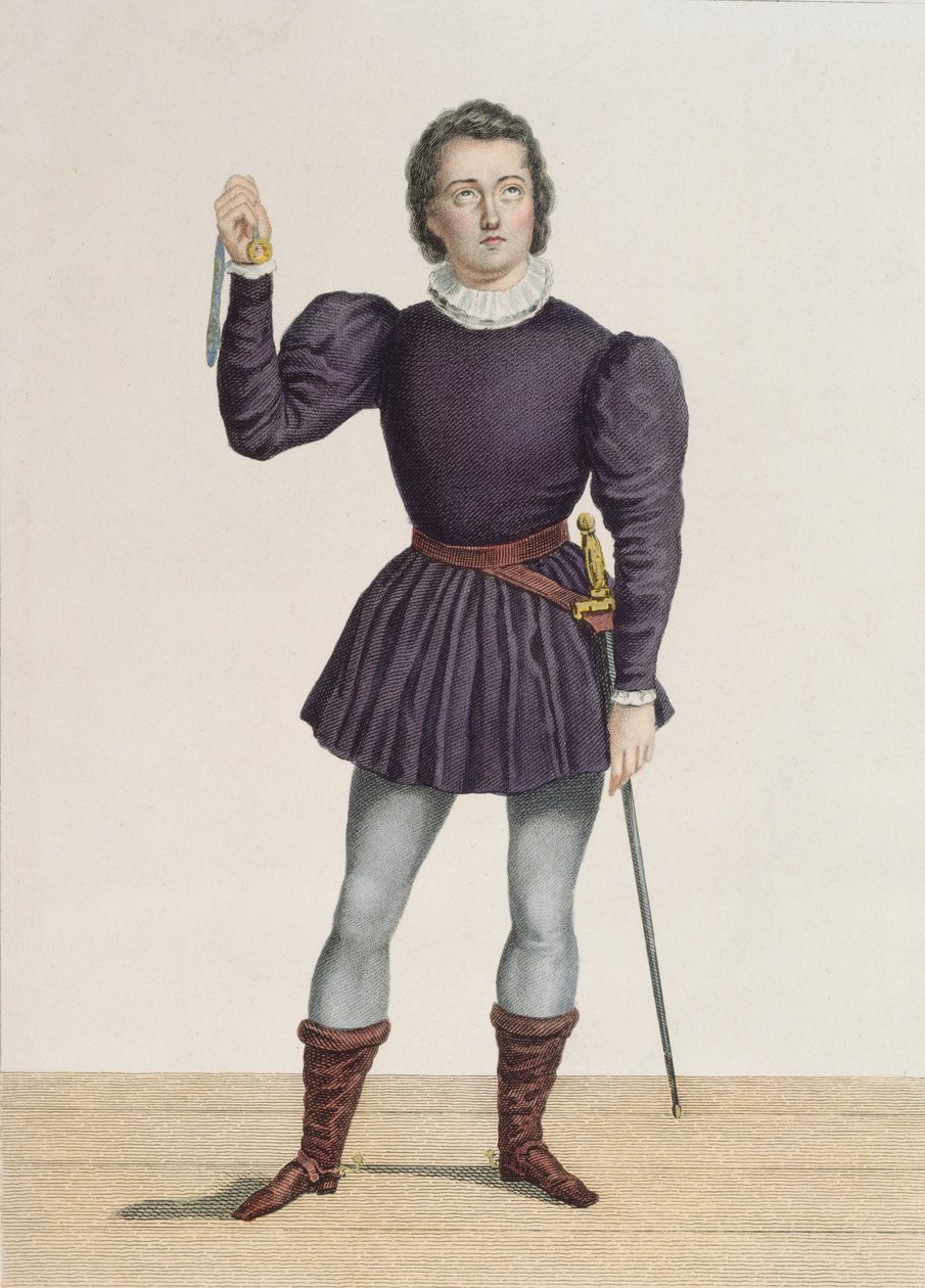 Frederick Lemaitre (1800-76) Edgardin roolissa Walter Scottin (1771-1832) Lammermoorissa Theater de la Porte Saint-Martinissa (värikaiverrus) tekijältä Alexandre Lacauchie