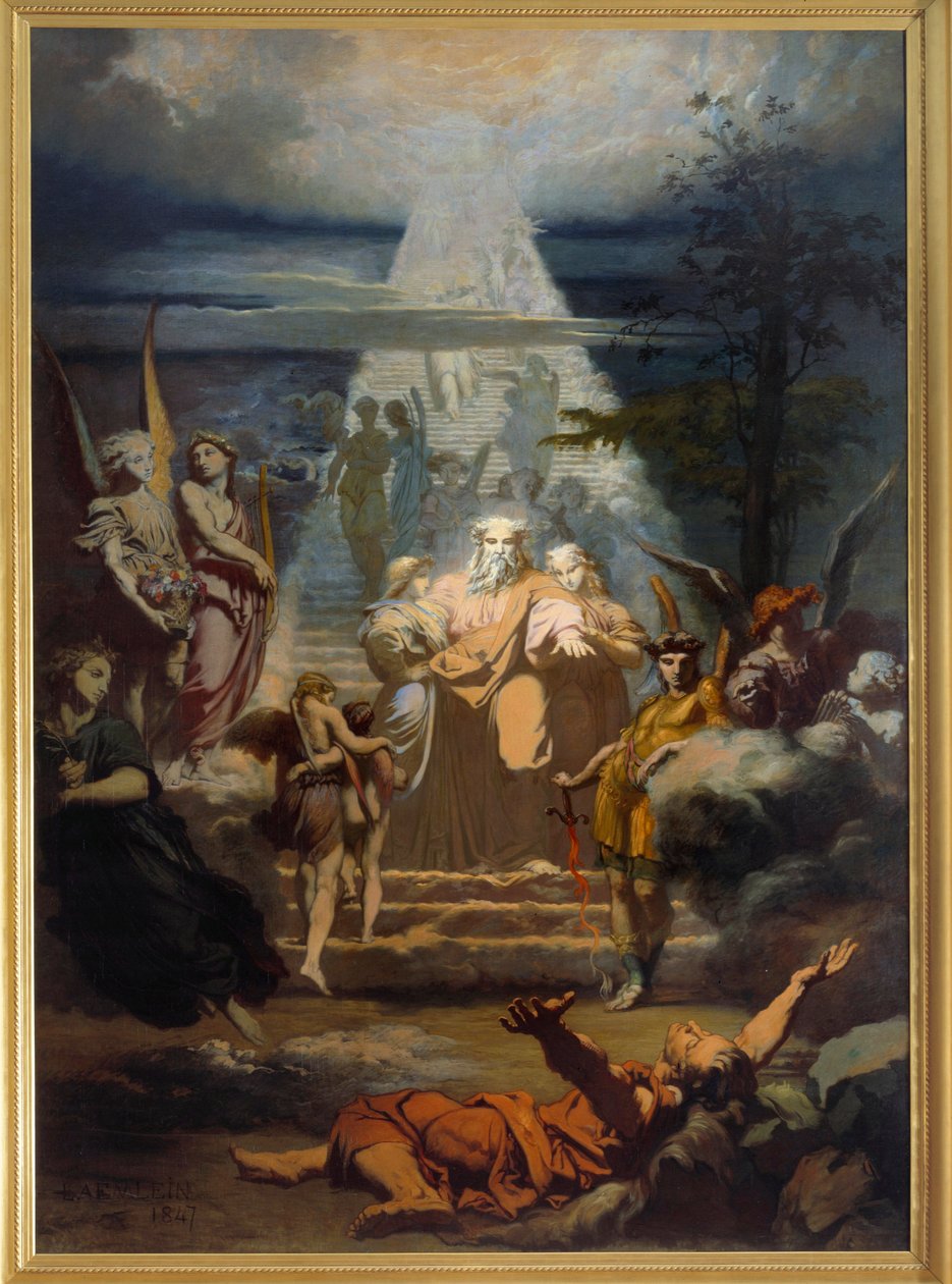 Jaakob Jacobin tikkaat lähtivät maastaan, nukahti ja näki unta suuresta mittakaavasta. Alexandre Laemleinin (1813-1871) maalaus tekijältä Alexandre Laemlein