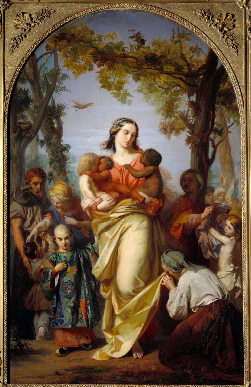 Universaali hyväntekeväisyys. Hyväntekeväisyyshenkilöstö pitää sylissään maailman eri kansoja. Alexandre Laemleinin (1813-1871) maalaus tekijältä Alexandre Laemlein