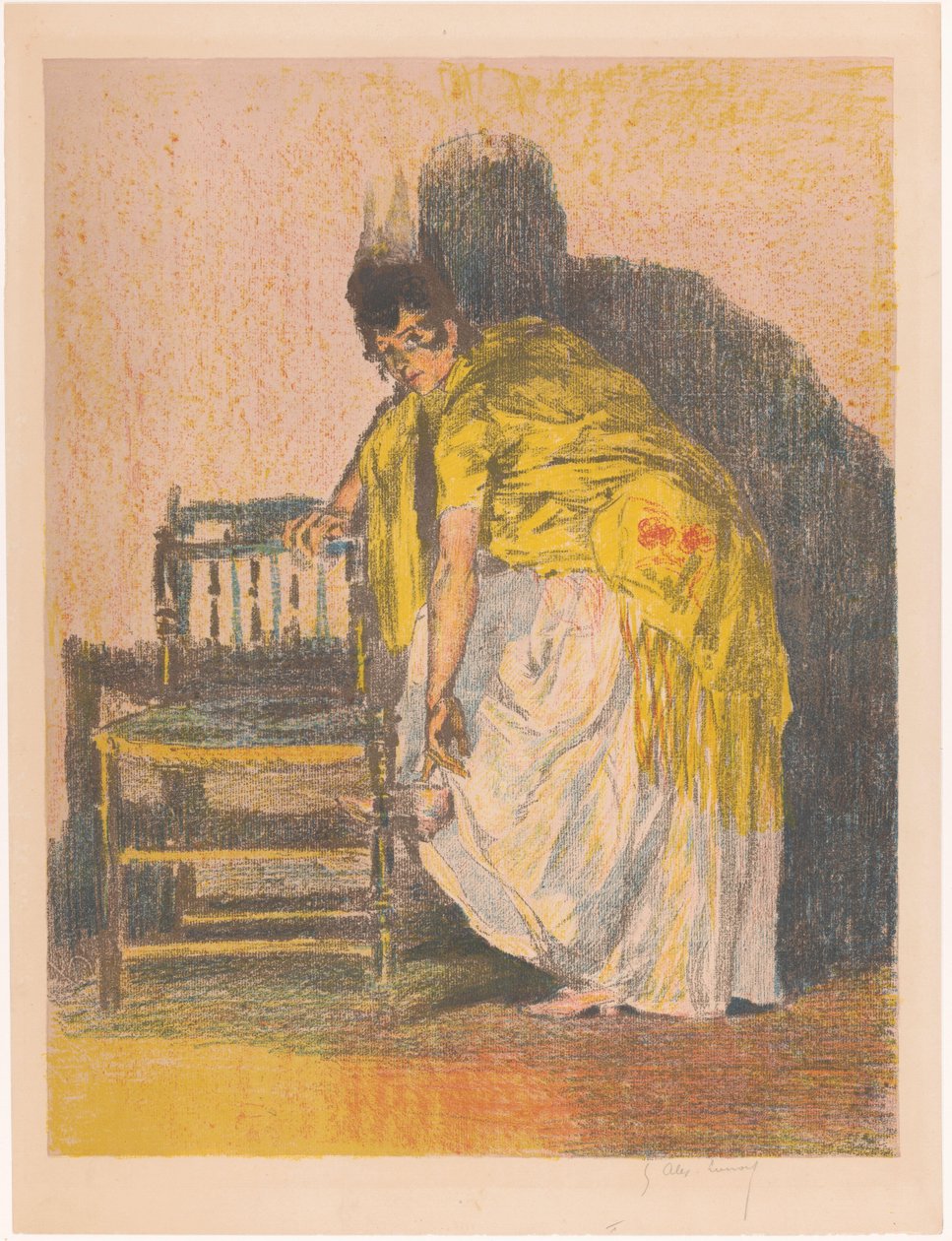 Espanjalainen nainen laittaa kengän jalkaan tekijältä Alexandre Lunois (signed by artist)