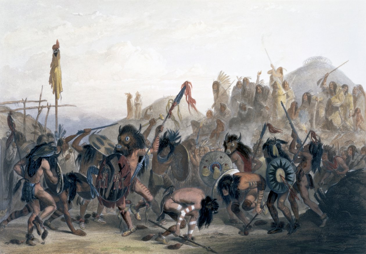 "Mandan-intiaanien biisonitanssi lääkemajansa edessä Mih-Tutta-Hankushissa", 1843 tekijältä Alexandre Manceau