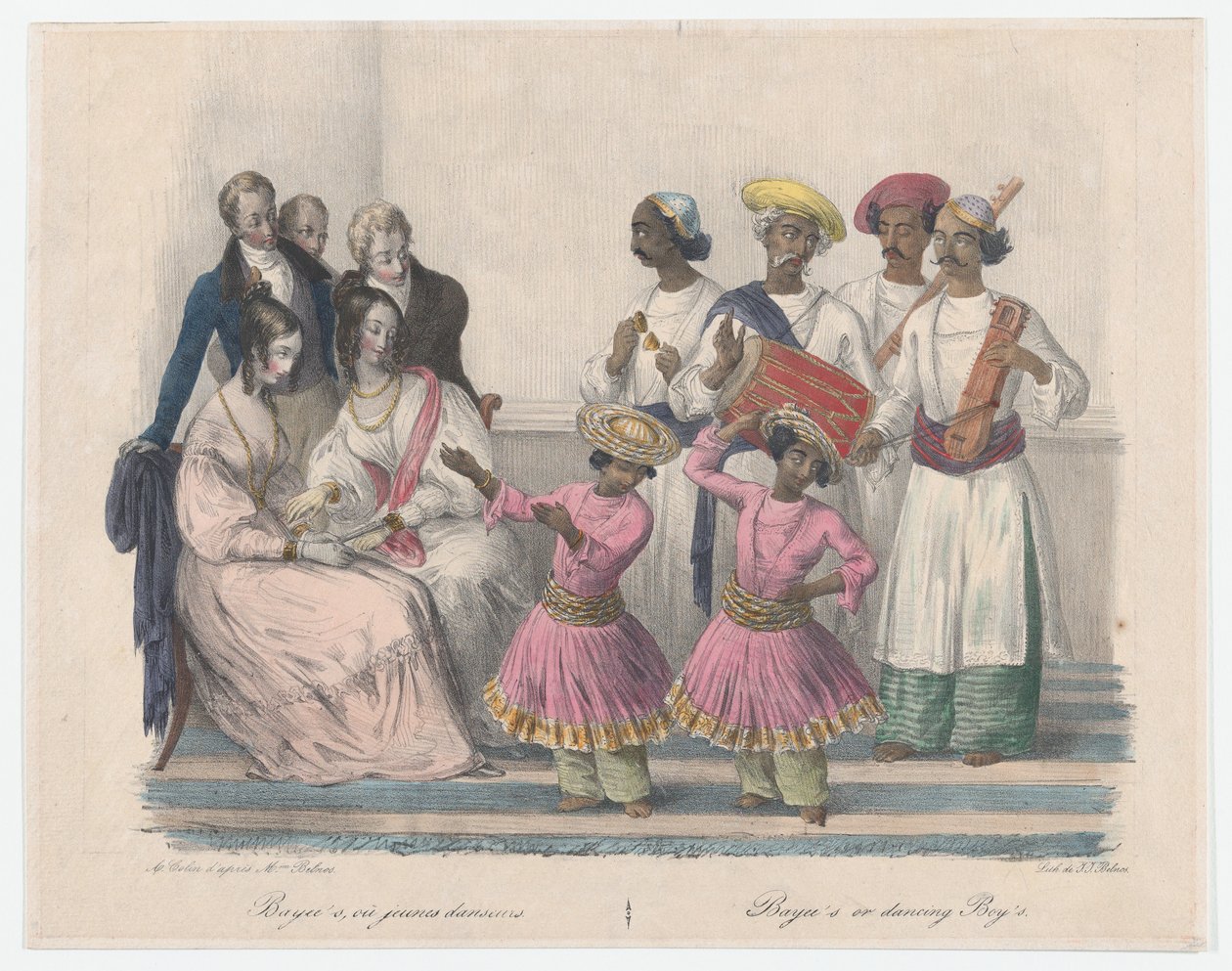 Bayees tai Dancing Boys, 24 levystä, jotka kuvaavat hindooa ja eurooppalaista tapaa..., 1832 tekijältä Alexandre Marie Colin