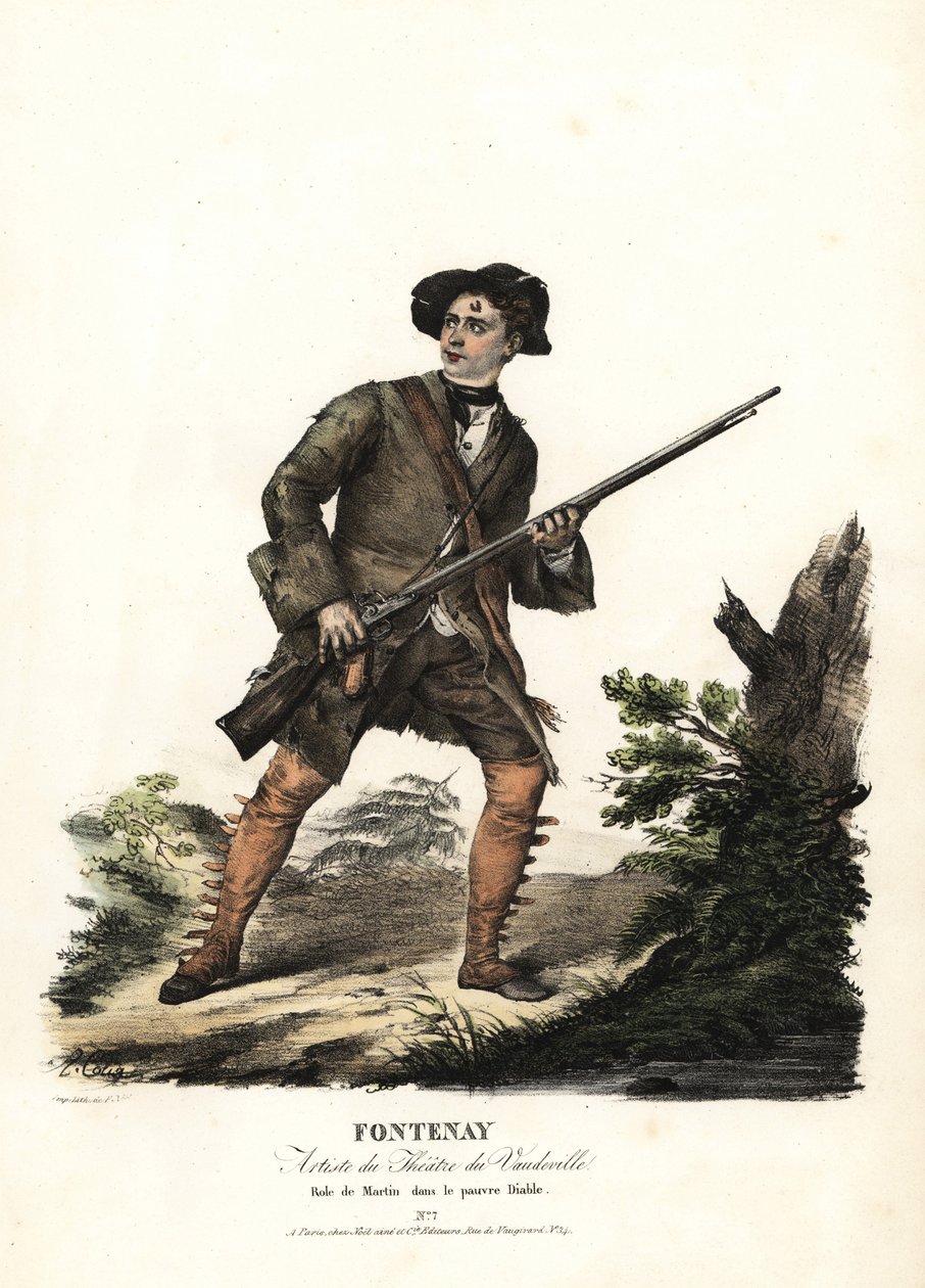 Jean-Baptiste Fontenay ja Martin Balissonin ja Dumersanin elokuvassa Le Poor Diable, Theater du Vaudeville. F. Noelin käsinvärinen litografia Alexandre-Marie Colinin kuvituksen jälkeen eri rooleissa olevien näyttelijöiden muotokuvista, F. Noel, Paris tekijältä Alexandre Marie Colin