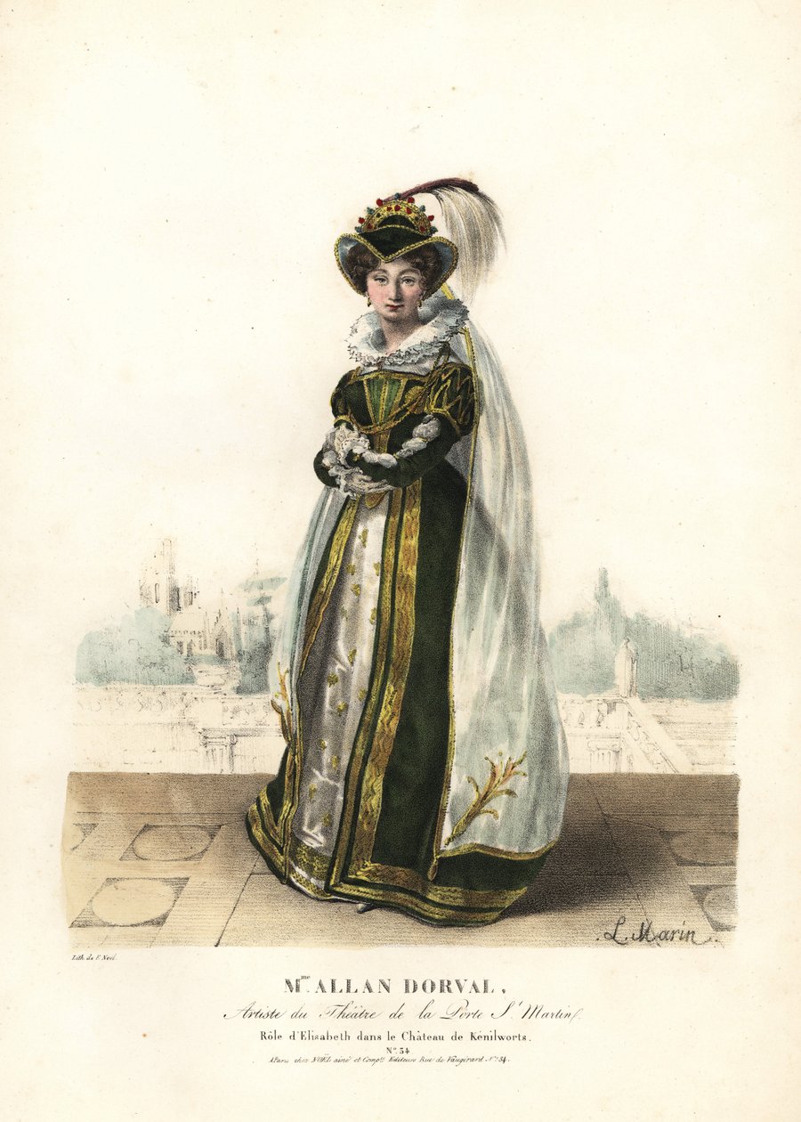 Marie Dorval tai Madame Allan Dorval kuningatar Elisabethin roolissa Jean-Baptiste Blachen ja Henri Lemairen Le Chateau de Kenilworthissa, Theater de la Porte St. Martin tekijältä Alexandre Marie Colin