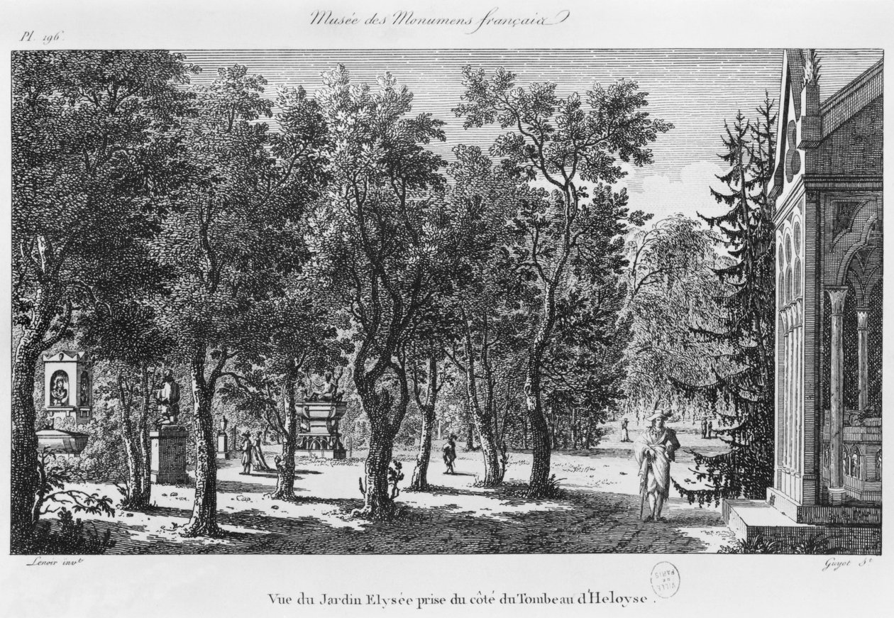 Musee des Monuments Francais, Pariisi, näkymä Jardin Elyseen puistoon Heloisen ja Abelardin haudasta, kaiverruksesta Laurent Guyot (1756-1806) tekijältä Alexandre Marie Lenoir
