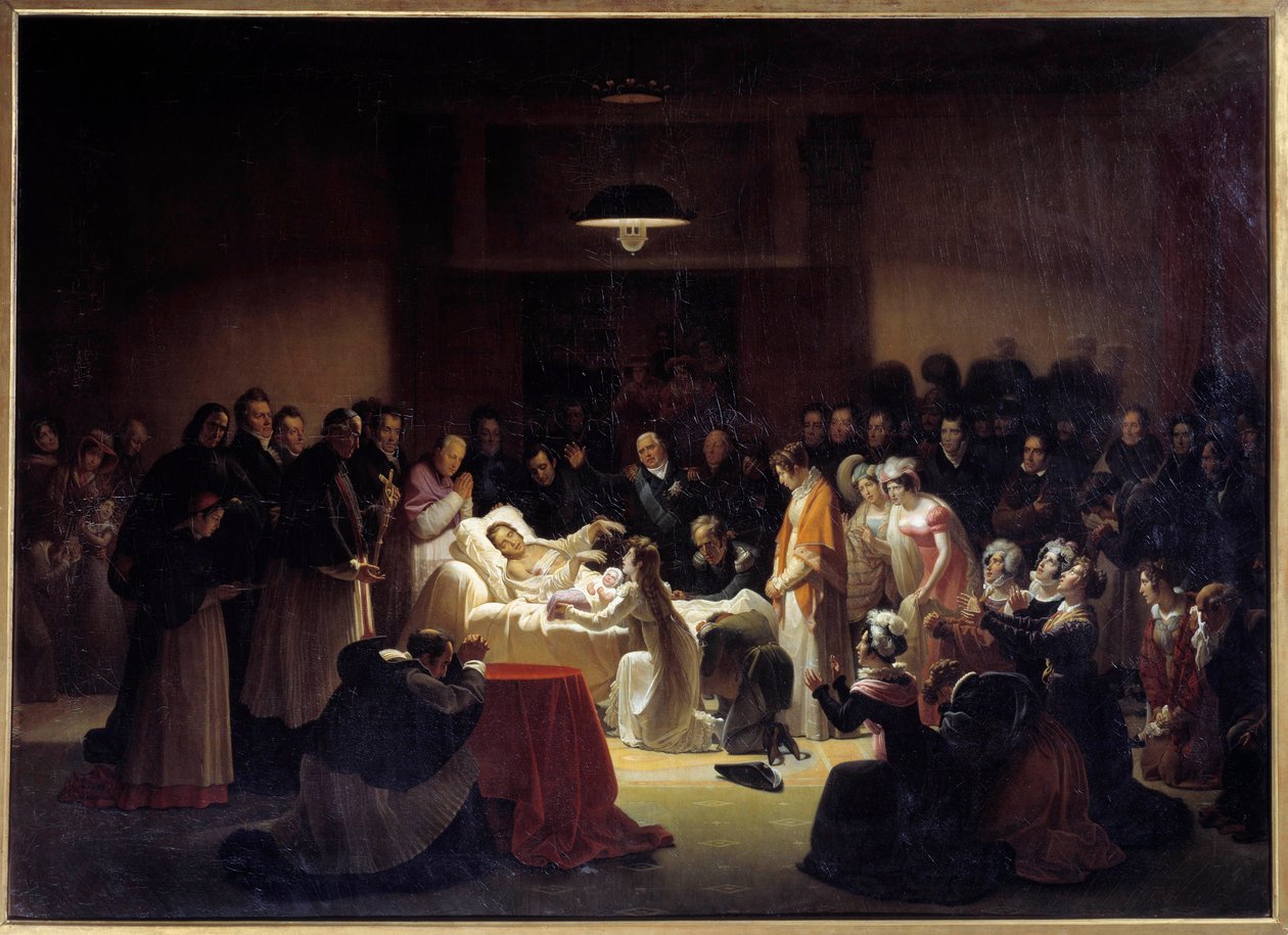 Berryn herttuan (1778 - 1820) viimeiset hetket Pariisin oopperassa Ludvig XVIII:n ja kuninkaallisen perheen ympäröimänä. Alexandre Menjaudin (1773-1832) maalaus tekijältä Alexandre Menjaud