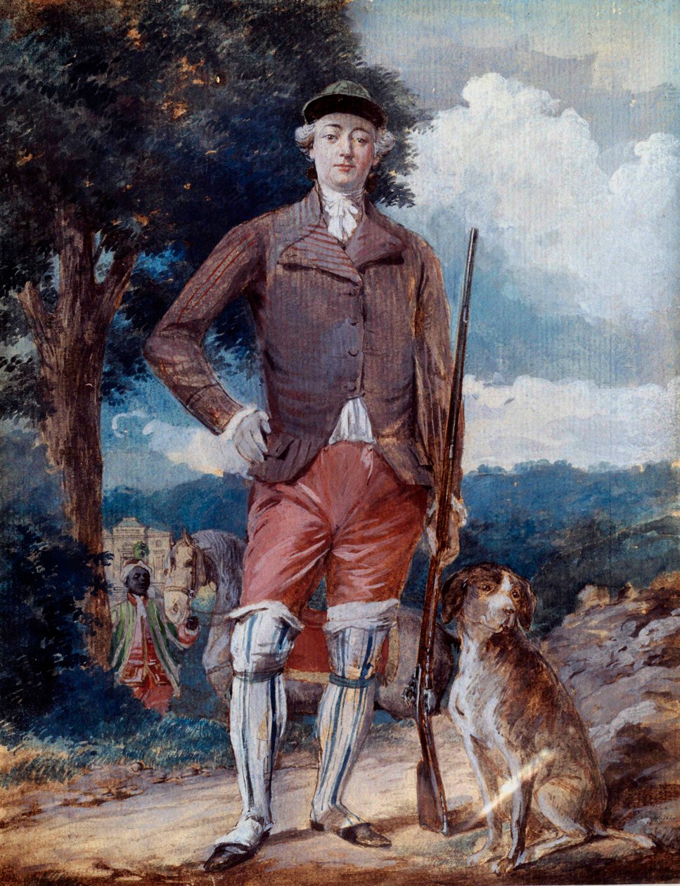 Muotokuva ranskalaisen Charles-Philippen (1757-1836), Artoisin kreivin, tulevan Kaarle X:n metsästäjän puvussa jalassa Alexandre Moiten (1750-1828) akvarelli 1700-luvun Amiens, Musee de Picardie tekijältä Alexandre Moitte