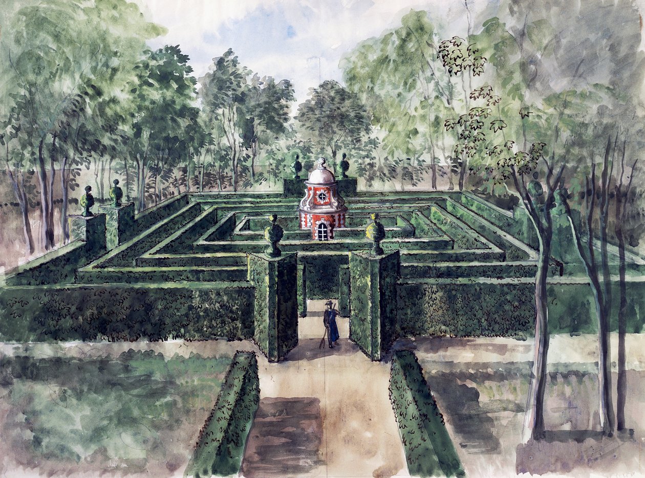 Chateau de Groussay, Charles de Beisteguin suunnittelema labyrintti, Alexandre Serebriakoff (1907-1944), akvarelli, Ranska, 1900-luku tekijältä Alexandre Serebriakoff