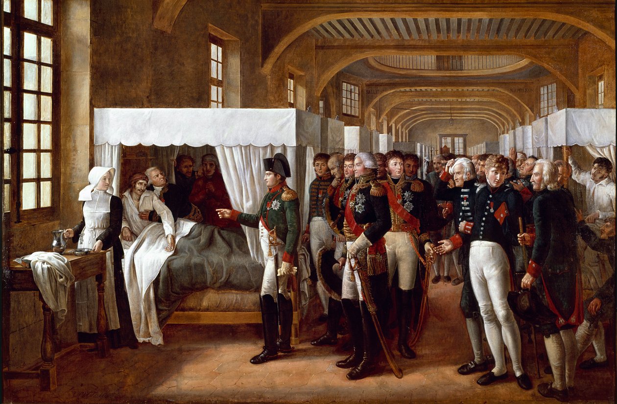 Keisari Napoleon I (1769-1821), lääkäreiden ja kenraalien seurassa (marechal Jean Mathieu Philibert Serurier, Invalidien kuvernööri, Louis Alexandre (Louis-Alexandre) Berthier ja Joachim Murat, Gerard (Geraud) Christophe Michel Duroc, suurmarsalkka tekijältä Alexandre Veron Bellecourt