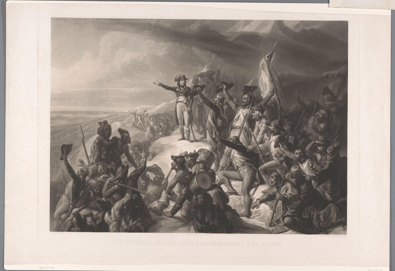 Napoleon Bonapartes ylittää de Alpenin Kenraali Bonaparte ylittää Alpit (otsikko esineessä) tekijältä Alexandre Vincent Sixdeniers